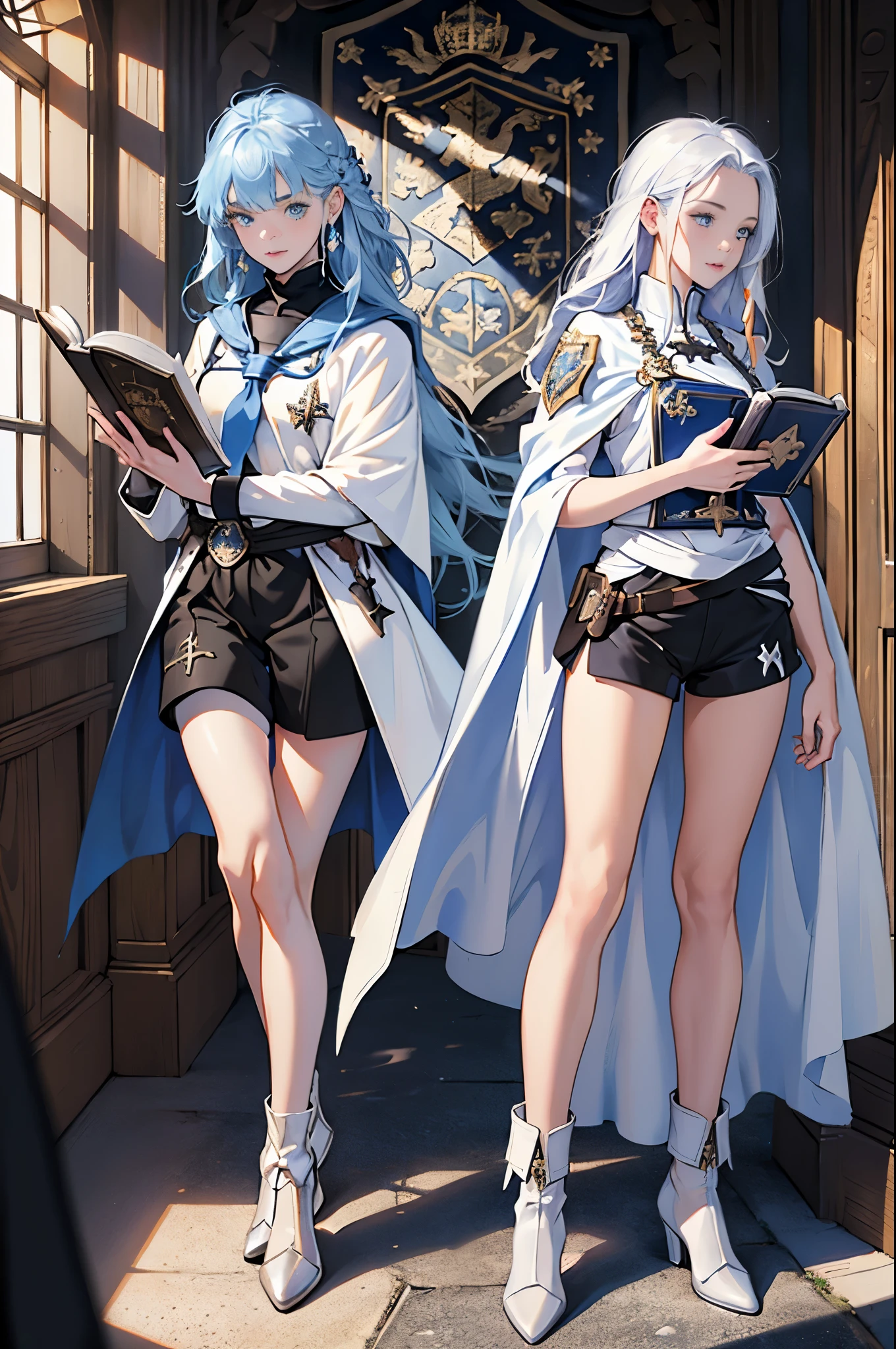 masterpiece, ultra detailed, 8K Portrait, Raw photo, (((((2 girls))))), girls photography, full body, Highly detailed face, ((Fantasy)), 15 years old, (((classmates))), smile, various hairstyles and hair color, (((white long tunic with a single vertical blue line))), (((black shorts))), (((white cape with coat of arms))), (((little waist hip pouch))), leather boots, various pose, ((holding magic book)), In the classroom of the medieval magic school, Midday Sun, Hyper realistic, Ambient lighting, Shadow details , Camera focus on face, strong breeze, Light fog