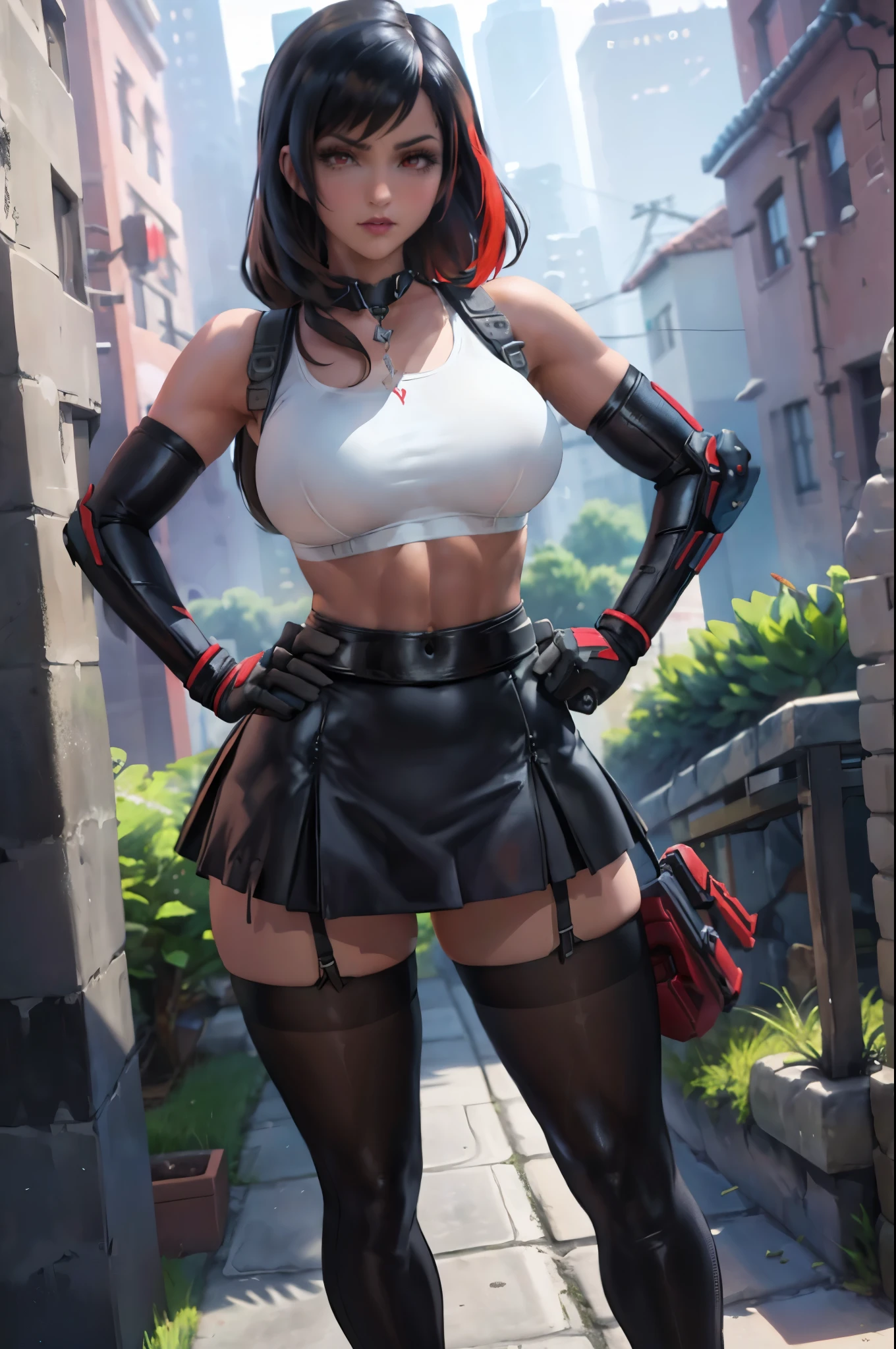 (8k, best quality, masterpiece:1.2), (realistic, photo-realistic), ultra-detailed, 1 girl,cute, solo, (tifa lockhart), (large breasts), neon lights, cityscape, depth of field, sharp focus, single elbow pad, ankle boots, black hair, black thighhighs, red boots, elbow gloves, elbow pads, fingerless gloves, taut shirt, sports bra, (black skirt), thighhighs, white tank top, full body, pretty face, long hair, ((red_eyes)), bokeh, cinematic lighting, (Tetsuya Nomura style), nsfw, perfect breasts (standing, hands on hips:1.3)