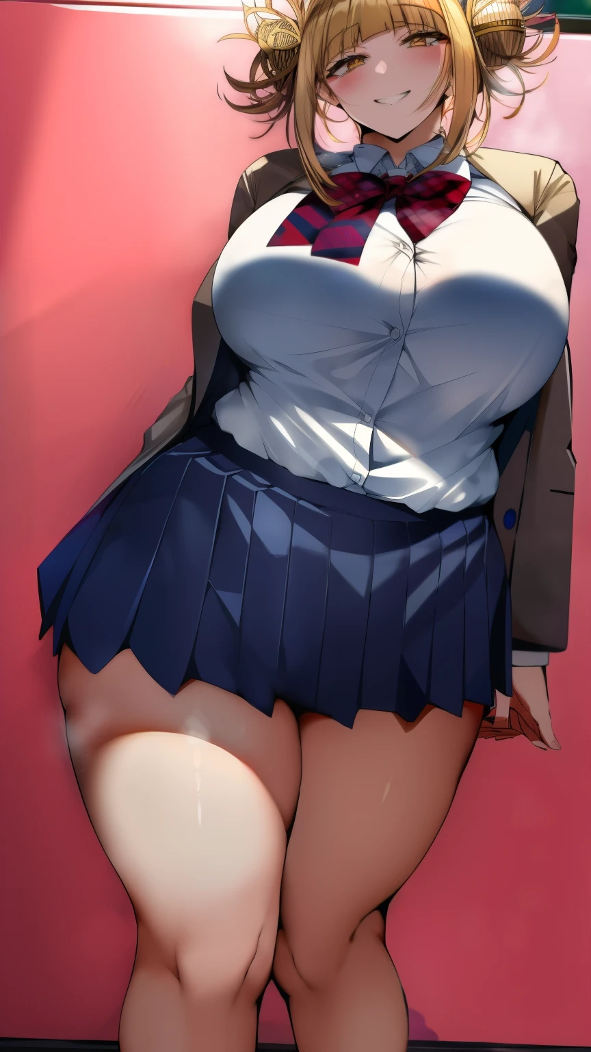 1 girl，high school girl，High-cut underwear，((Low Angle，，Sailor suit，Navy blue mini skirt，Pleated skirt，Pointy Chest，Angle of view where the ceiling is visible，Very fancy white panties，Angle of view that lets you see inside the skirt，High leg panties，pubic hair，Black knee-high tights，cameltoe))，（from below:1.7），((highest quality, wonderful,8k, masterpiece :1.3)), (Realistic, photoRealistic:1.4),（very fine and beautiful skin,Black Gal）,blonde,Very detailed,Cinema Lighting, Detailed light, Best Shadow, Dynamic Angle,Elaborate panties（High leg pants:1.1）,Super big boobs:1.6, Plump thighs, mini skirt（Pleated skirt）