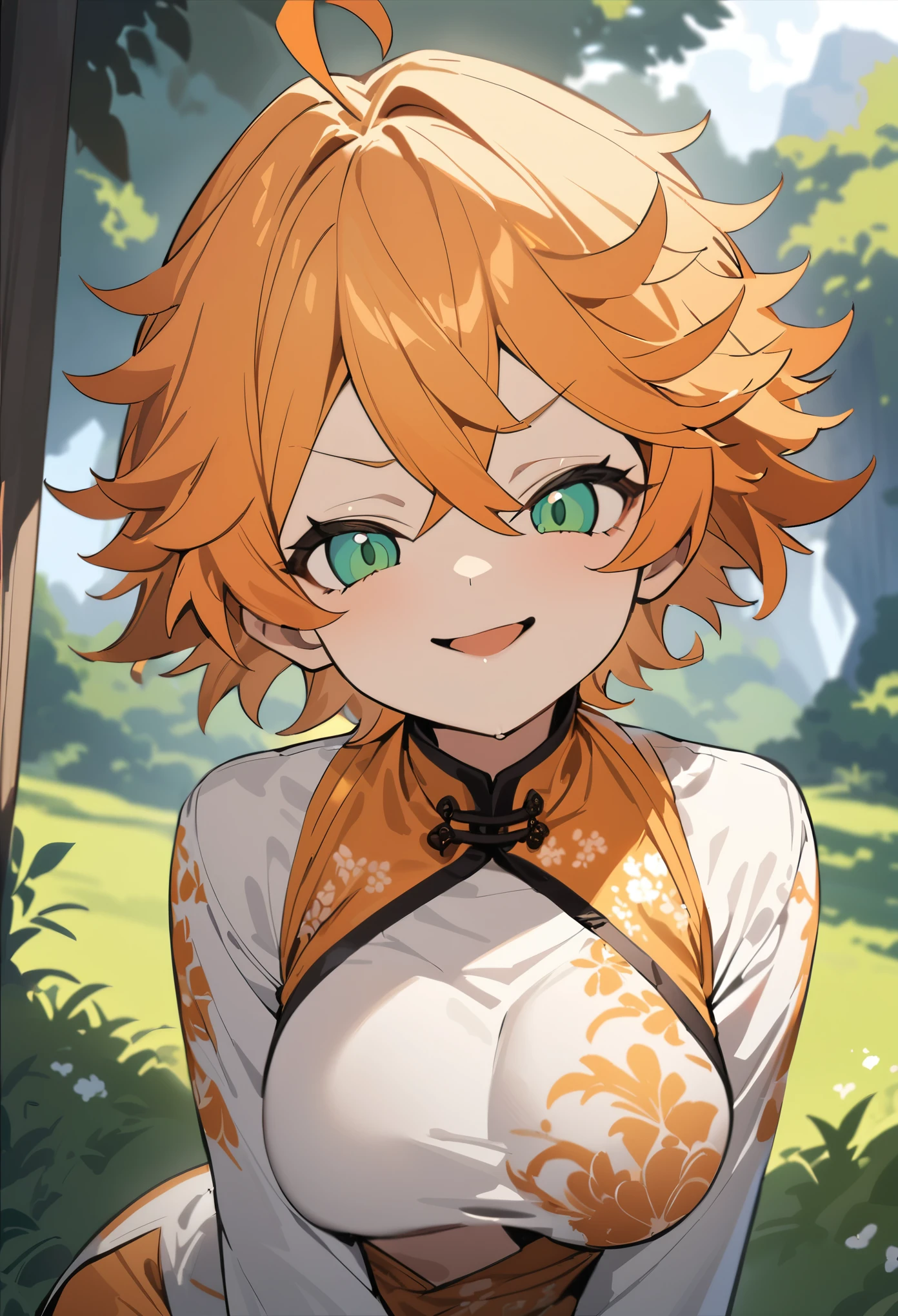 promisedNeverland masterpiece, best quality, 1girl, shirt, green eyes, solo, nature, short hair, looking at viewer, orange hair, ahoge, upper body, open mouth, outdoors, Chinese dress, boob window, breast window, bare breasts, smug, wide hips, standing, front view, big tits, cum