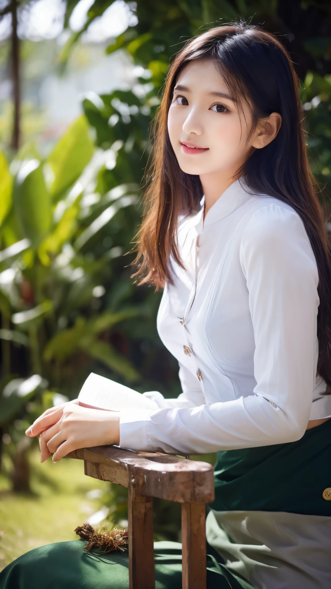 (masterpiece, best quality, high resolution:1.2), (photorealistic:1.2), (intricate and beautiful:1.2), (detailed light:1.2), (soft lighting), (colorful, dynamic angle), upper body shot, fashion photography, 1girl, beautiful young girl, perfect face, long hair, perfect body, confident and alluring pose, exuding sensuality and charm, ultra detailed, photo realistic, hyper realism, realistic, standing, flowers surrounding background, (((wearing acmmsayarma outfit, acmmsayarma white top with buttons, long sleeves, ((acmmsayarma green long skirt))), Burmese girl.
