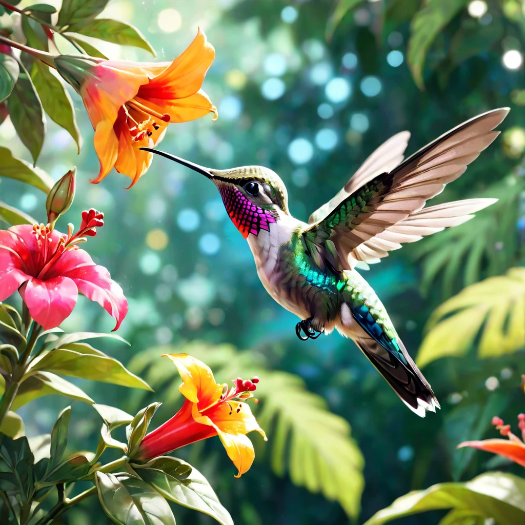 Hummingbird, aesthetic, extremely detailed, Exquisite, Still, Photo, close-up, Hummingbird, still, perched on a flower, lush tropical garden, bokeh background, natural light, high-resolution, vibrant colors, contrast, saturation, Fujifilm Superia, Vivian Maier, Ansel Adams.