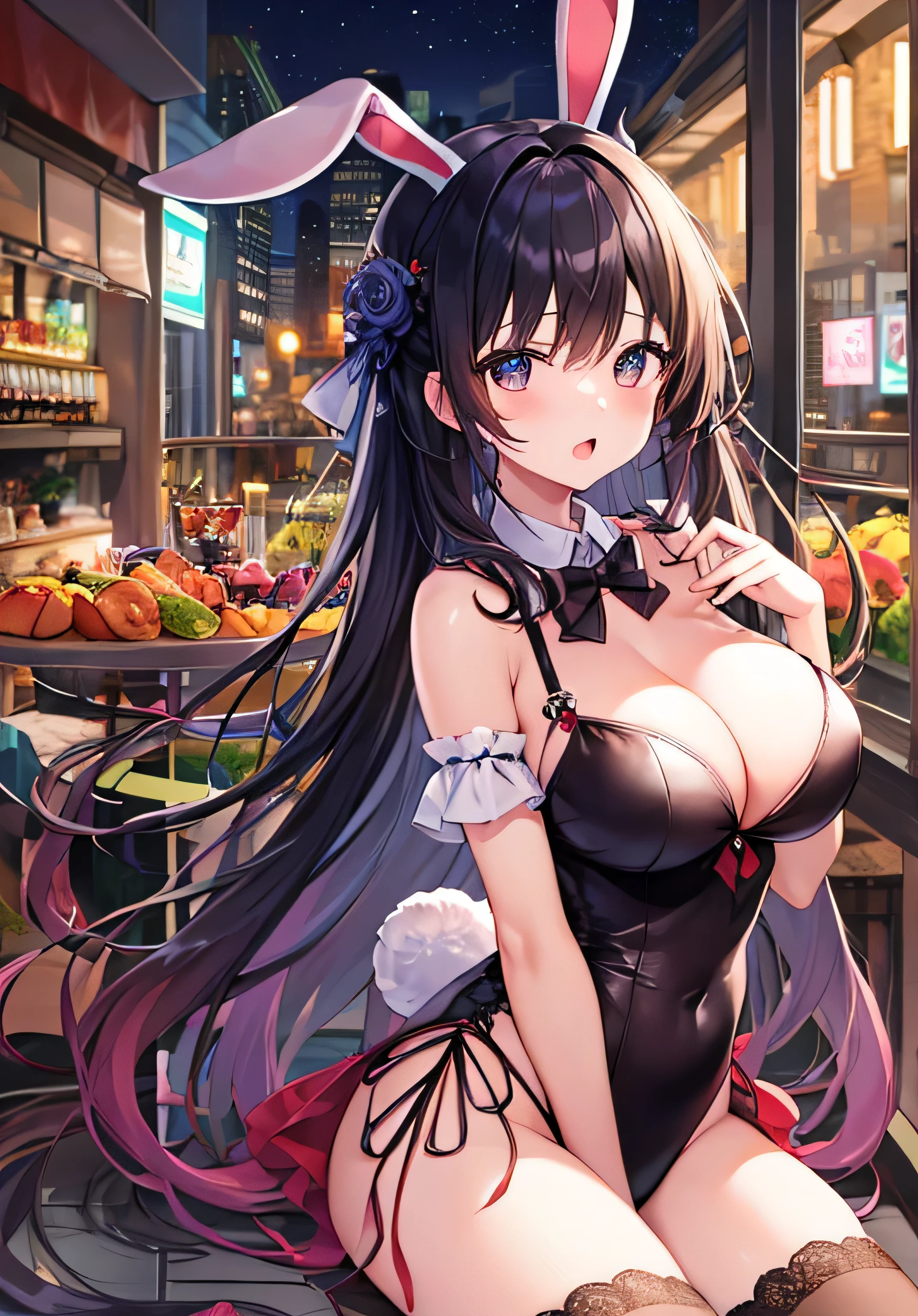 masterpiece、best image quality、ultra high resolution、 girl with big breasts、twin tail hairstyle、black hair、red face、shyly、Open your mouth just a little、Bunny girl costume that shows cleavage、rabbit ears headgear、beautiful feet、Inside the bar with a beautiful night view、at night