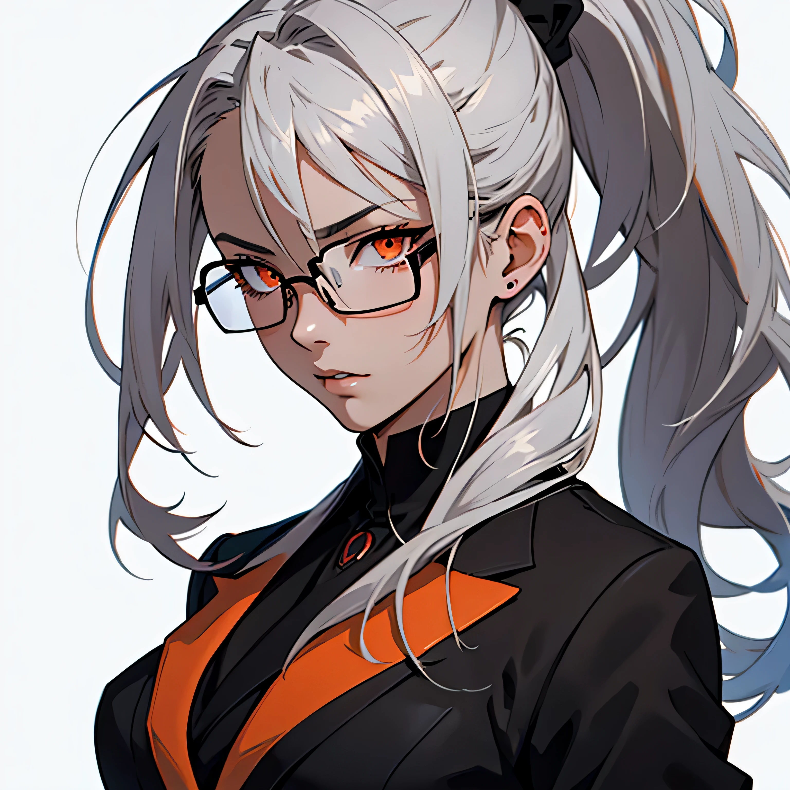 anime art, masterpiece, highest quality, by professional artists, woman, alone, upper body full body portrait, Detailed configuration, fine eyes, (((white background))), secretary, long gray hair, ponytail hairstyle, (((wearing a black suit))), orange eyes, red glasses, 8k wallpaper