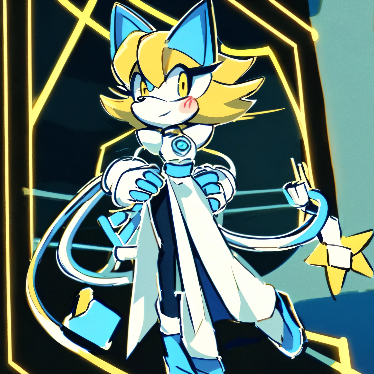 ((2D Anime Style)), female, mobian, hedgehog, short hair, 1girl, solo, blush, blonde hair, large breasts, one hand on hip, (((2D Anime Style))), (solo), (1girl), high quality digital art, blue and black neon lines sketch art, (hair bangs), wispy lines, Tasque Manager outfit/costume, cosplay, has a plug with a long blue cord sticks out resembling a cat's tail, She wears a white outfit similar to a qipao, with a collar, shoulder pads, and a blue band around her waist. Under the qipao she wears black leggings which end in white boots with blue toes, black arms, white gloves with blue fingers
