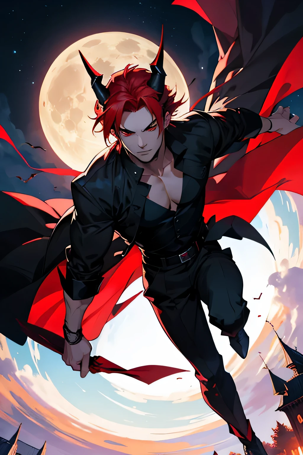 vampiro, estilo anime, cabelo vermelho, cabelo curto, blusa preta, homem, chifres vermelhos, olhos vermelhos, castle background in the night with moon in the sky, forte