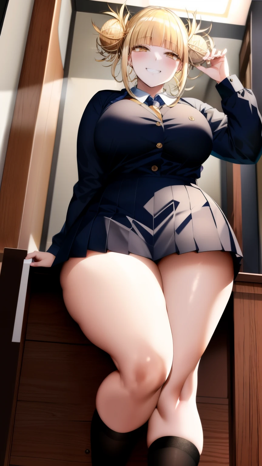 Himiko_toga, (masterpiece, highest quality,perfect lighting), 1 girl, alone, grin, portrait, school uniform, thick thighs, round chest, high heels, Buttons fly off the shirt, Are standing, put your hands behind your back