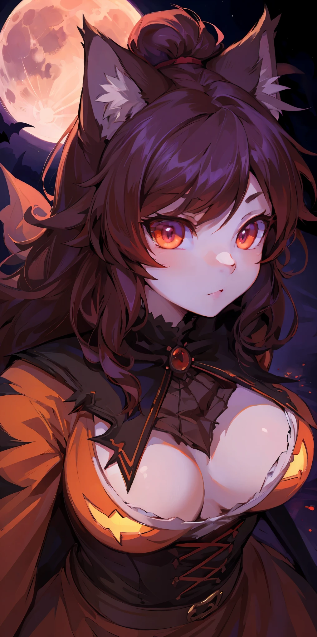 (epic, dynamic angle)top quality, best quality, High-quality illustrations, masterpiece, While creating a Halloween atmosphere, vampire with furry elements, (kemono, super cute girl, solo focus)(furry anthro)(highly detailed beautiful face and eyes)absurdres, perfect anatomy, Scene of a red full moon with a strong horror color,