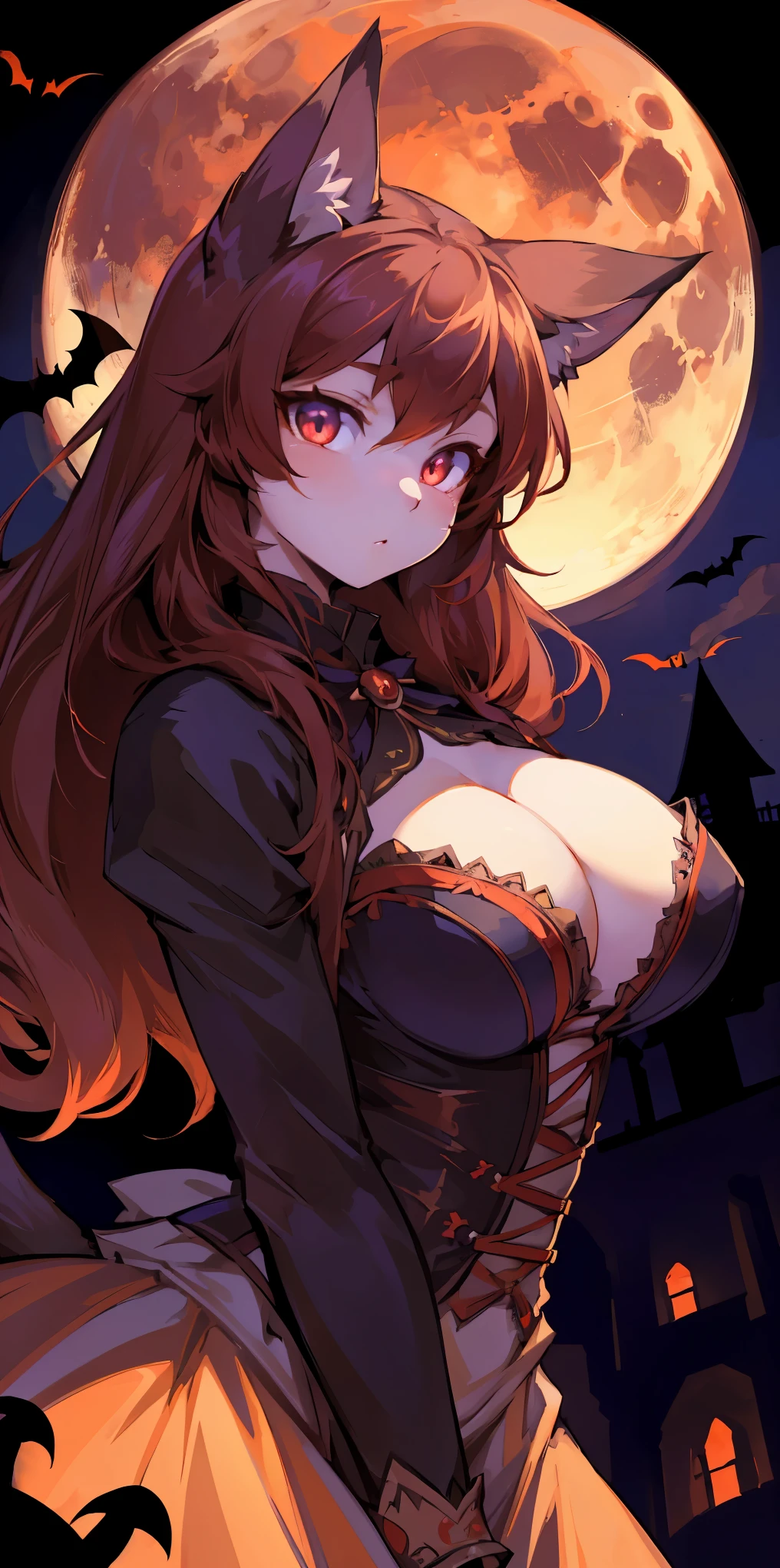 (epic, dynamic angle)top quality, best quality, High-quality illustrations, masterpiece, While creating a Halloween atmosphere, vampire with furry elements, (kemono, super cute girl, solo focus)(furry anthro)(highly detailed beautiful face and eyes)absurdres, perfect anatomy, Scene of a red full moon with a strong horror color,