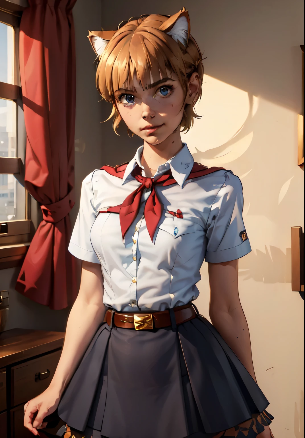 very young slim fit girl, full height, rounded face, (disheveled short hair:1.4), big blue eyes, shy smile, perfect flat breast, band on head with fake cat ears, pioneer neckerchief, short tight blue pleated skirt, bangs, tight white shirt, short sleeves, collared shirt, belt, red neckerchief, breast pocket, by sasha khmel, beatrice