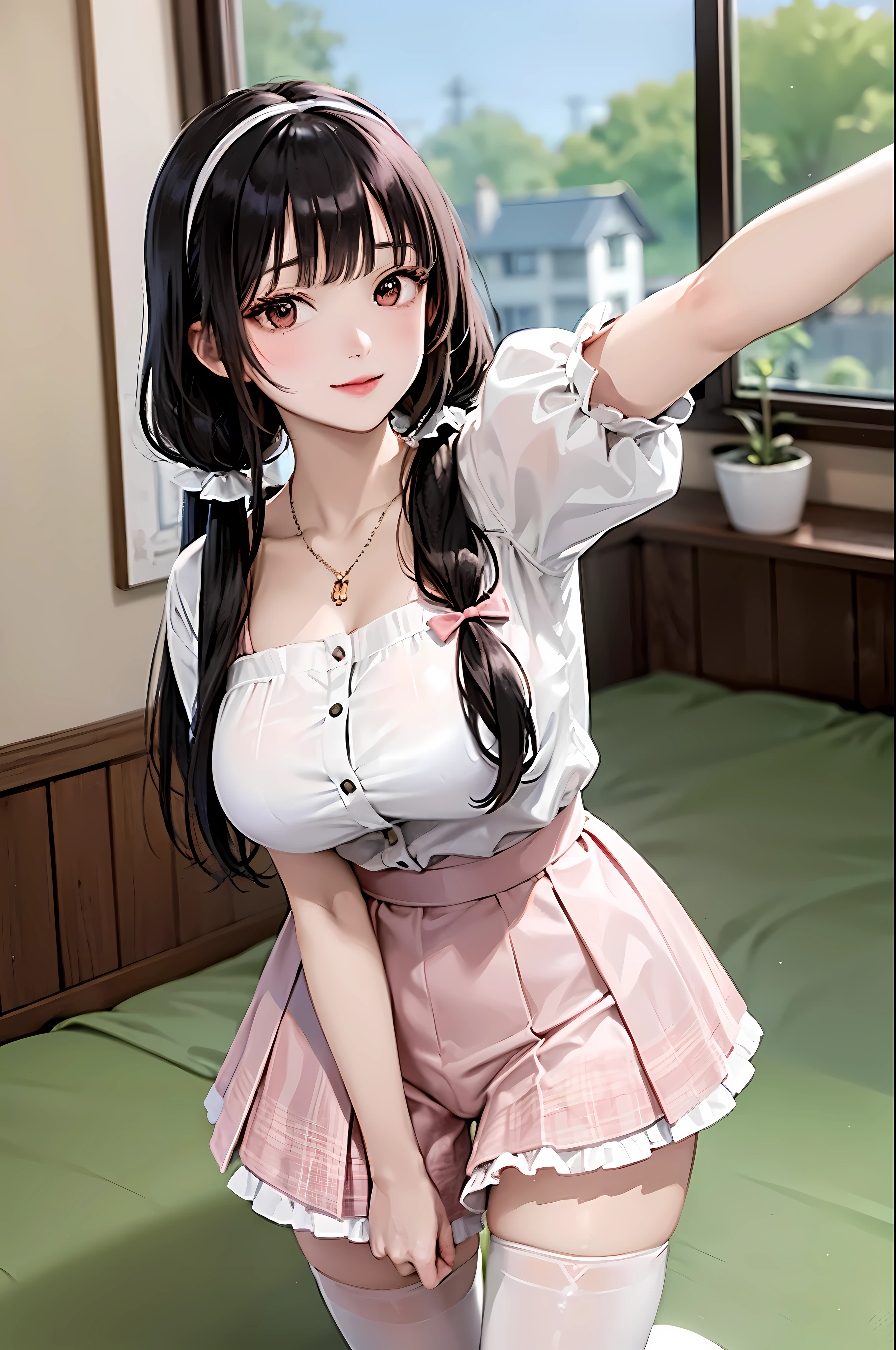 (masterpiece,best quality),(alone),1 woman,(we say:1.2),(whole body:1.2),standing,lean forward,Bent,(low tie_long_hair:1.3),(low twintails:1.2),(black hair), dress, ribbons,hair ribbon,very  long hair,hair ornament,hair flower, laugh, looking at viewer, pink hat,red eyes,Symbolic pupils, short sleeve, puffy sleeves, forehead,  blush, blunt forehead, puffy short sleeve, bijouterie, ribbon, plaid dress, assembly,Eyelashes, necklace, wavy hair,(하얀 thighs,thighs:1.2),(big bust:1.3),wide hips ,inside, flea pit, window,sweet,girl&#39;s room,pink theme,painting \(middle\Teddy Bear, plush doll, loaded interior,bedroom,(((otaku room))),garbage bag,plastic bag,Cola,bit_(food),juice box, books