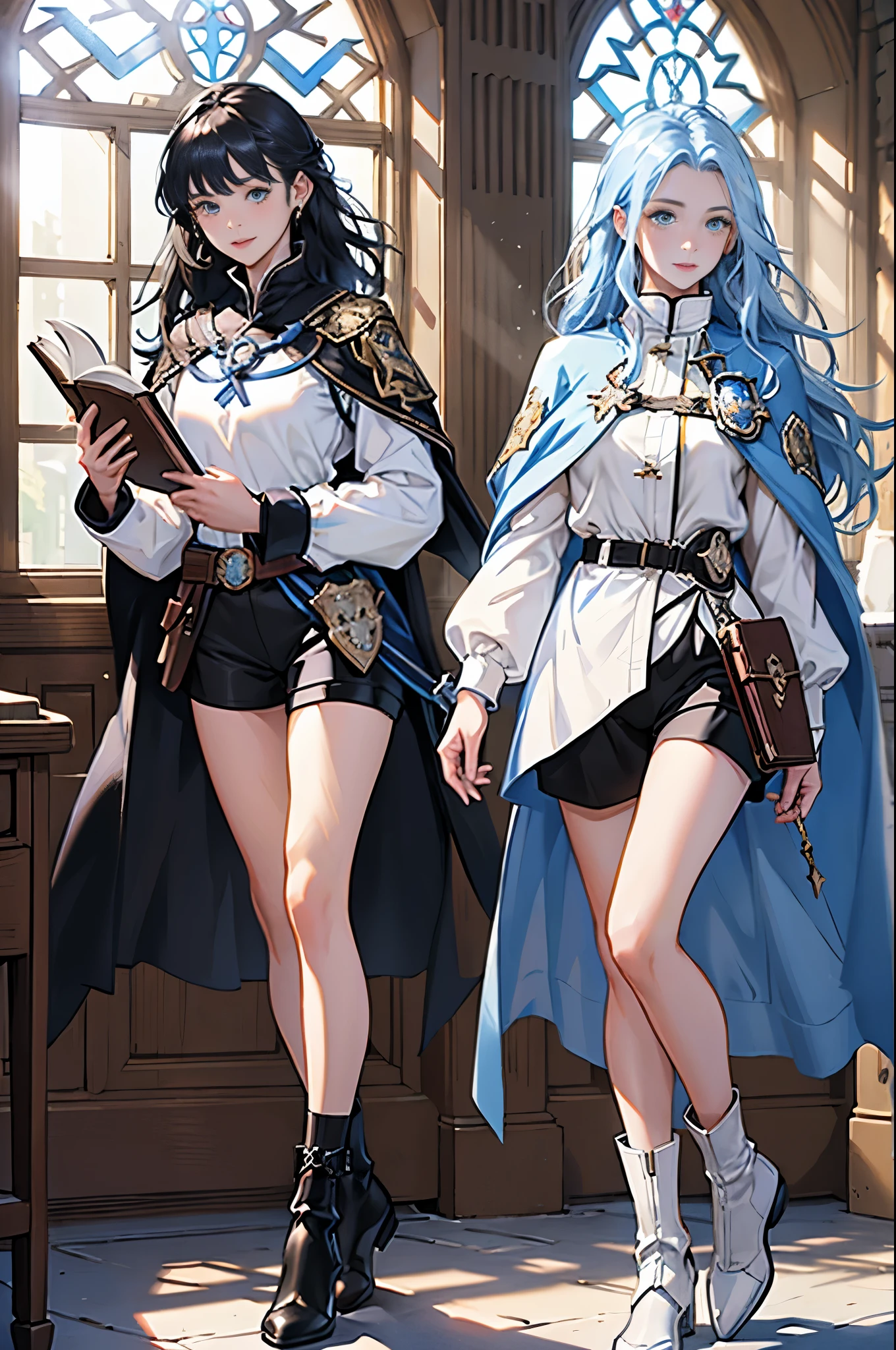 masterpiece, ultra detailed, 8K Portrait, Raw photo, (((((2 girls))))), girls photography, full body, Highly detailed face, ((Fantasy)), , (((classmates))), smile, various hairstyles and hair color, (((white long tunic with a single vertical blue line))), (((black shorts))), (((white cape with coat of arms))), (((little waist hip pouch))), leather boots, various pose, ((holding magic book)), In the classroom of the medieval magic school, Midday Sun, Hyper realistic, Ambient lighting, Shadow details , Camera focus on face, strong breeze, Light fog