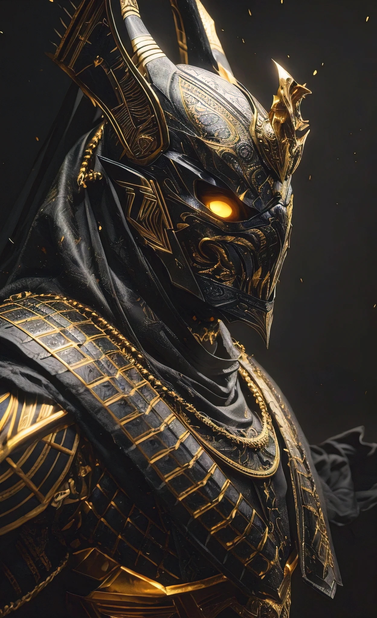 (best quality, masterpiece:1.2), photorealistic side portrait of unholy horus with stargate style armour, golden intricate detailing, glowing eyes, large fangs and wearint a golden nemes. intense glowing eyes