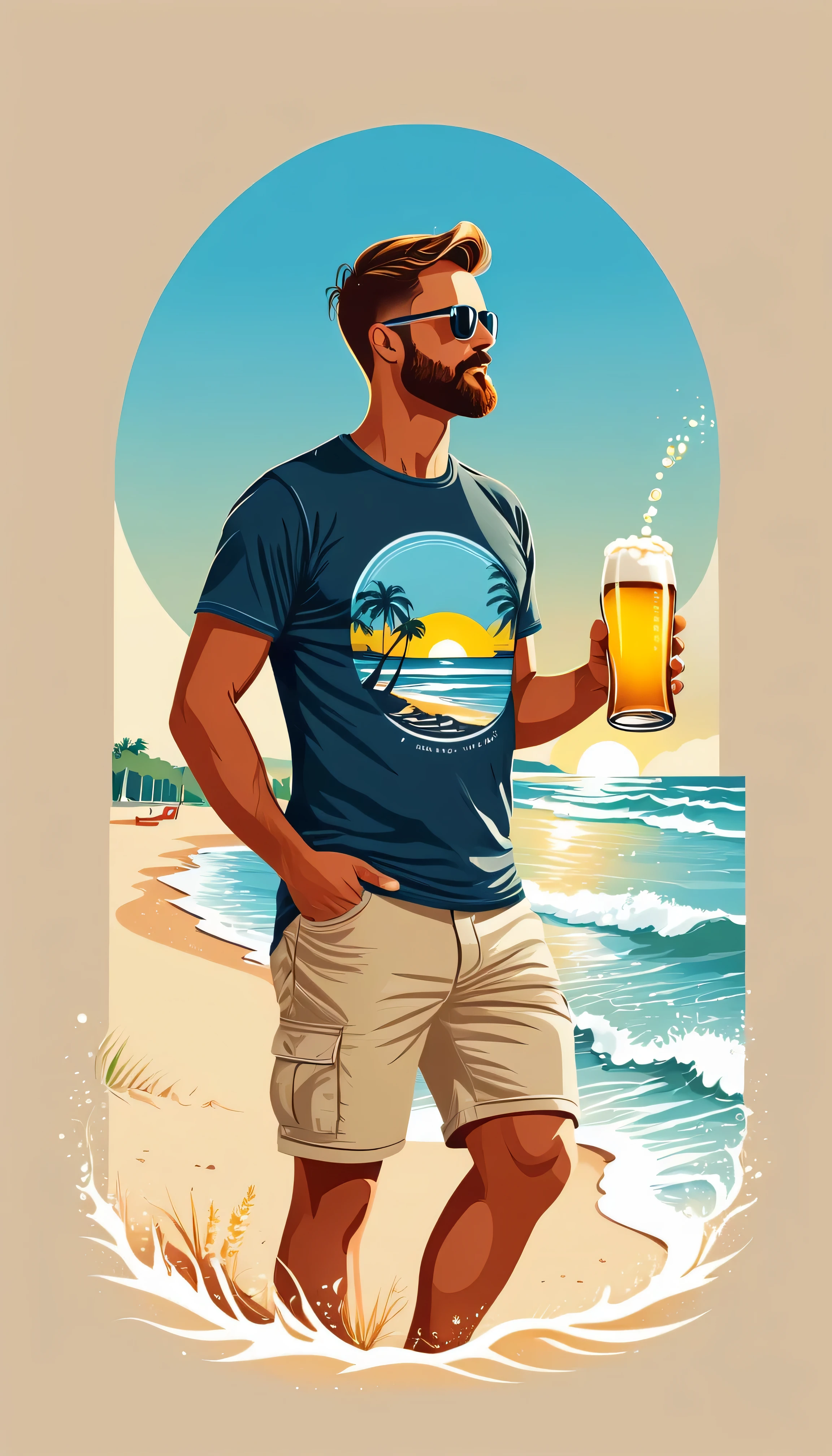 Gammeln auf dem Strand, Buddel in der Hand, Sonne auf dem Bauch so kann das bleiben, grafik design, farben des sommers, T-Shirt-Design, mann am Strand mit einer Flasche Bier in der Hand. 