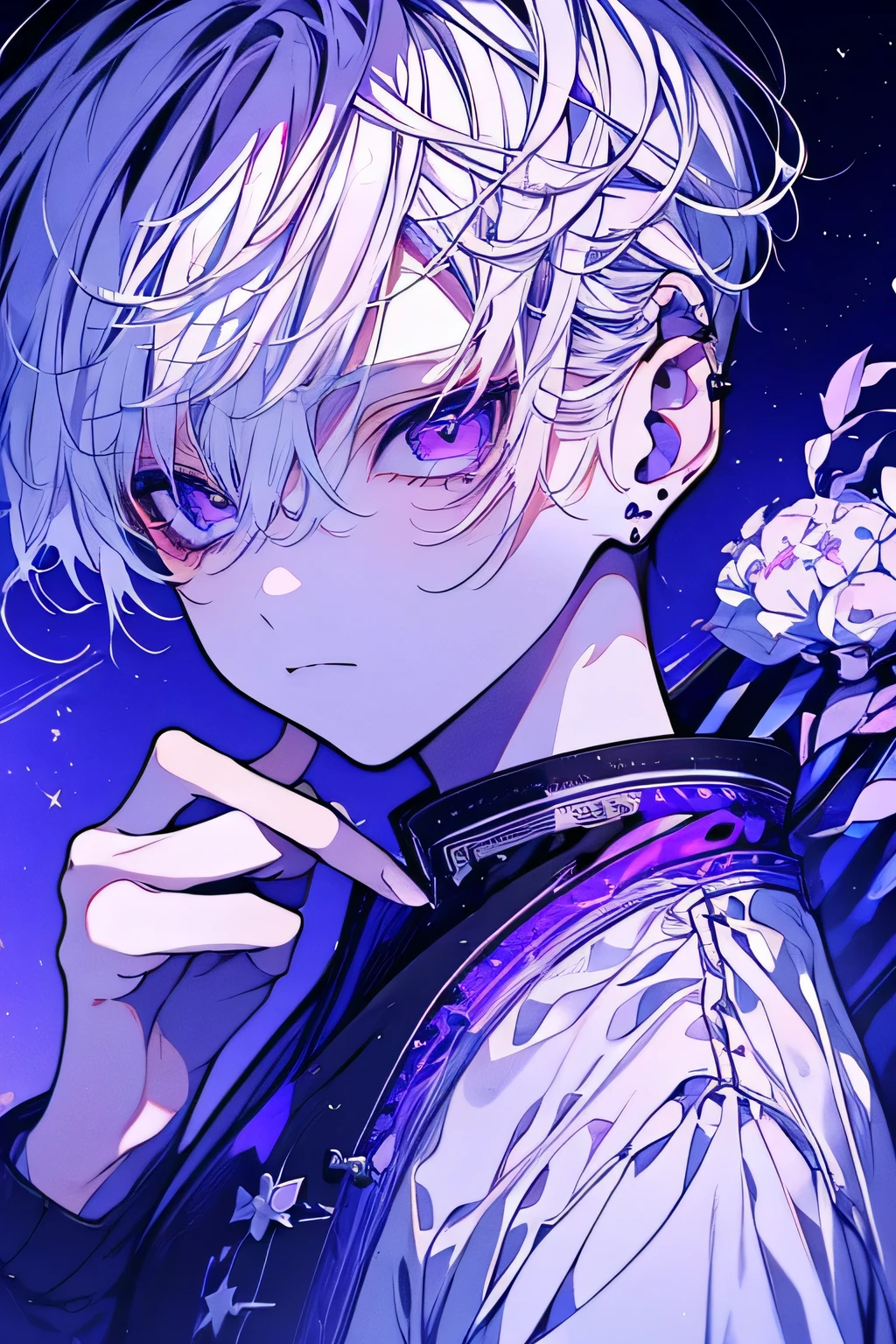 (Star)(best quality), Very detailed, 1 boy, focus only,perfect face, pretty face, Very detailed顔,white short hair,Long bangs and white hair,Hair is broken a lot,purple eyes,坏Ha ha,despise,Ha ha,student,Sailor suit,than the middle finger,Hate