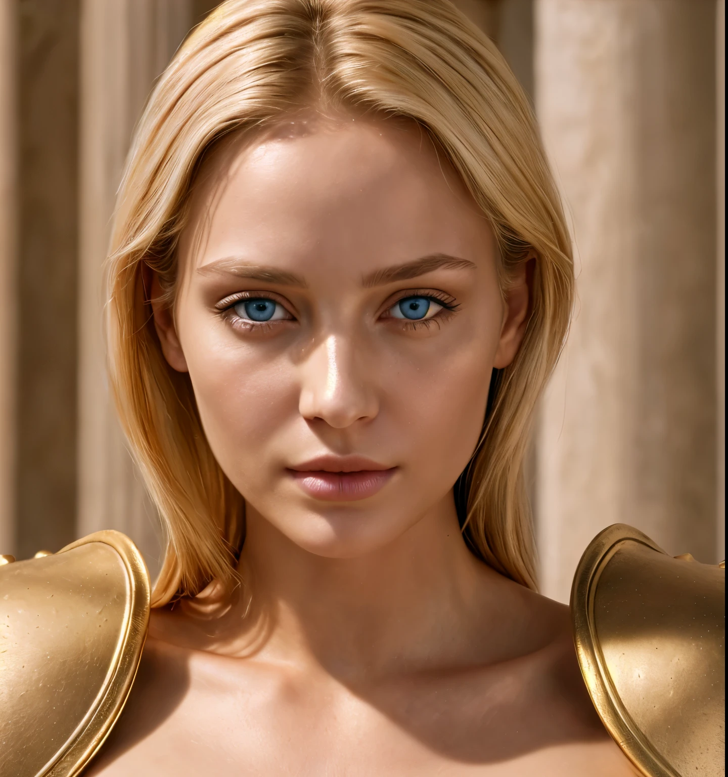 an angel, armor is gold (Masterpiece, Best quality, A high resolution:1.4), 1 girl, an angel, Ultra textured leather, skin pore texture, blonde hair, HD , Photo, Movie, cinematic, whole body, Realistic, (8K, Raw-Photo, Best quality, Masterpiece:1.2), (Realistic, photo-Realistic:1.33), Best quality, detailed blue eyes, Cute, daylight, depth of field, granularity, wrinkled skin, Spicy, detailed and Realistic portrait of a woman, face looking flat into the camera