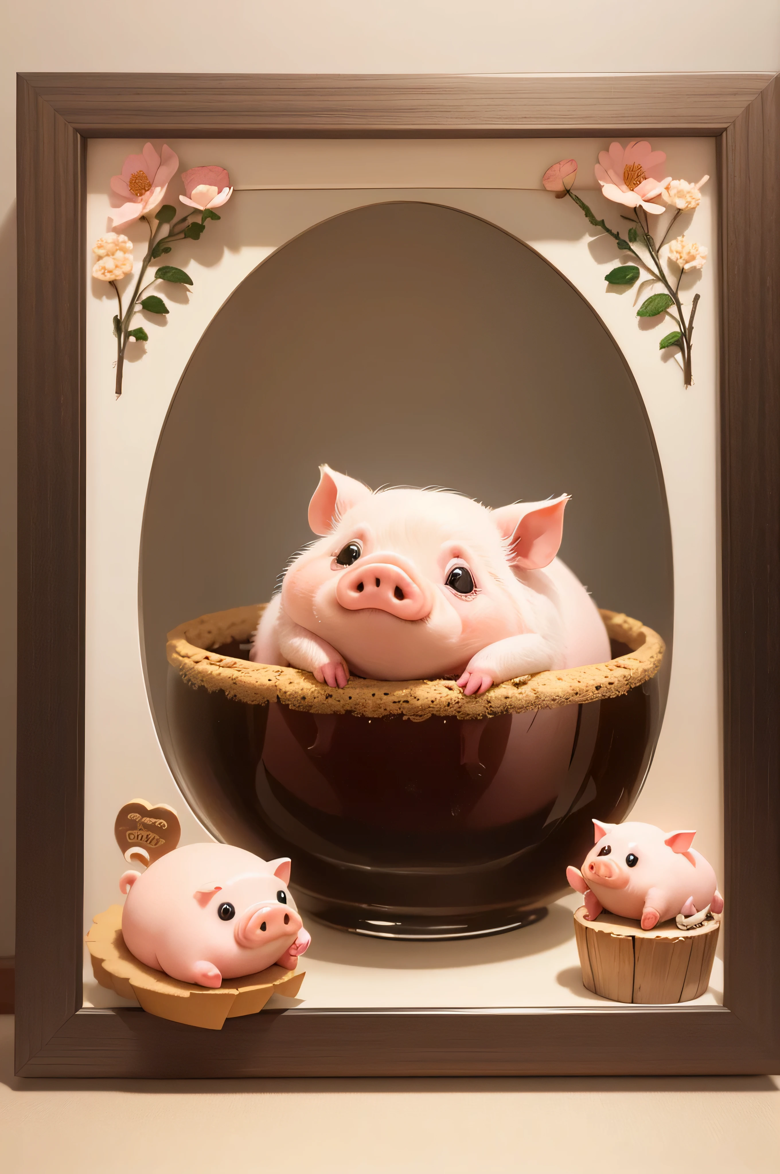 cute pig, Illustration, No background, anime, eating, cookie, in flower frame