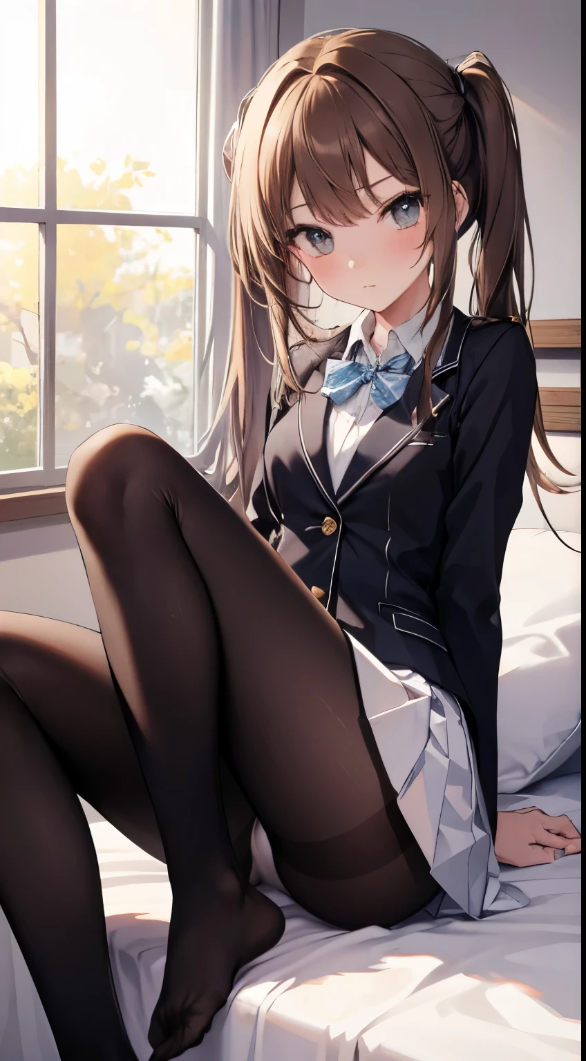 finest, masterpiece, High resolution, (Full body diagram from head to toe), Composition from the front and slightly below, symmetrical, 18-year-old, Slim and beautiful girl, alone, (small breasts), (not wearing shoes),Unkempt brown hair, bangs, (black tights), (black pantyhose), (Pose with legs spread on the bed), tied up with both arms hidden behind the back, (Composition showing white panties), (her legs spread、I can see white pants.), blush, shy big eyes, looking at camera, Blazer Uniform, plaid pleated skirt