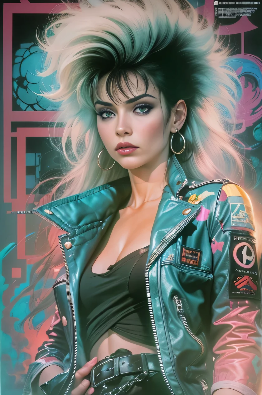 1980s, 1girl, siouxsie, kim bassinger, cyberpunk, pastels, sfw, dynamic, 80s barbie clothes, 80s movie poster art style