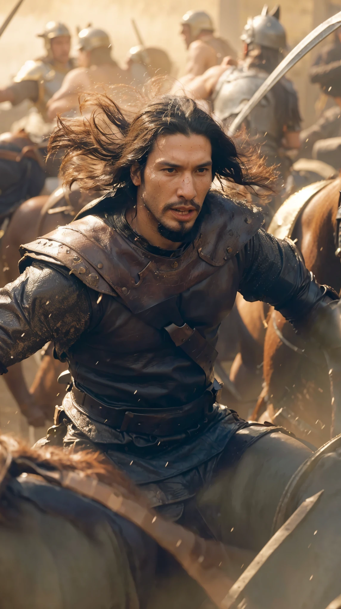 arafed image of a man in a leather outfit riding a horse, adam driver as a centaur warrior, as assyrian, genghis khan, dramatic cinematic action shot, still from a live action movie, scene from live action movie, photo of genghis khan, as conan, maximus jacobs