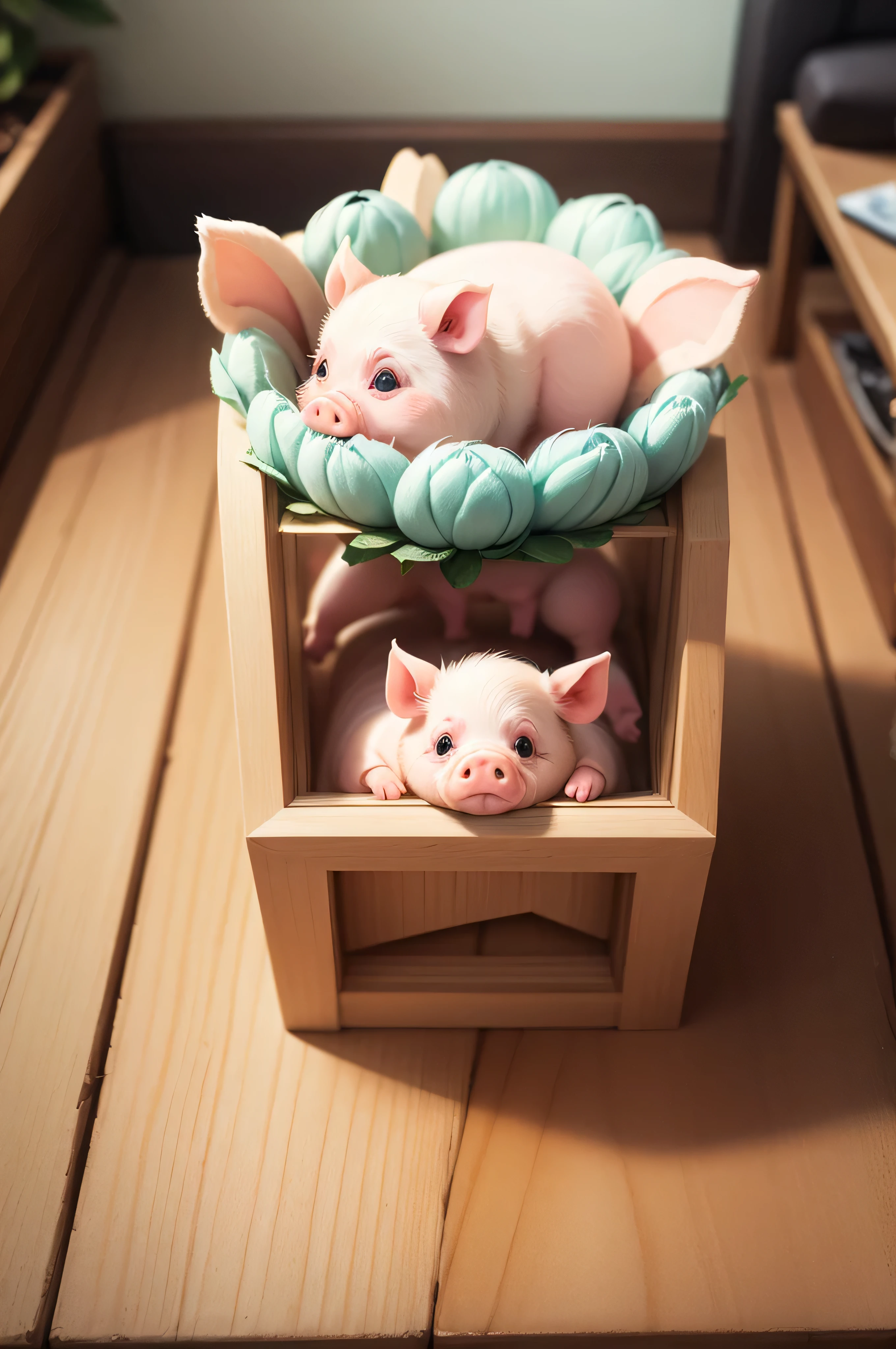 cute pig, Illustration, No background, anime, eating, cookie, in flower frame