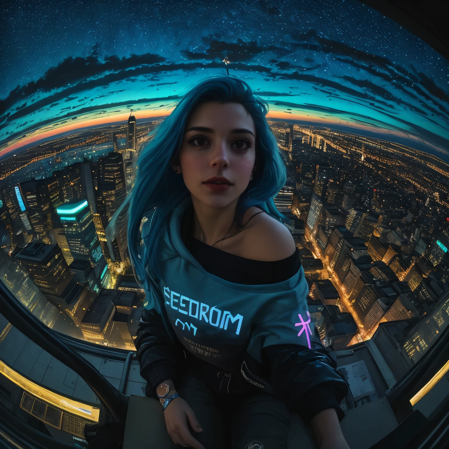 (masterpiece), best quality, ultra high res,, cyberpunk 1girl flying above stunning cityscape ,hoodie,blue hair,  neon color shooting stars, very long hair, off shoulder, feather hair ornament, neon colors, flashes, stunning night sky, cinematic lighting, photorealistic, realistic skin, HDR,fisheye
