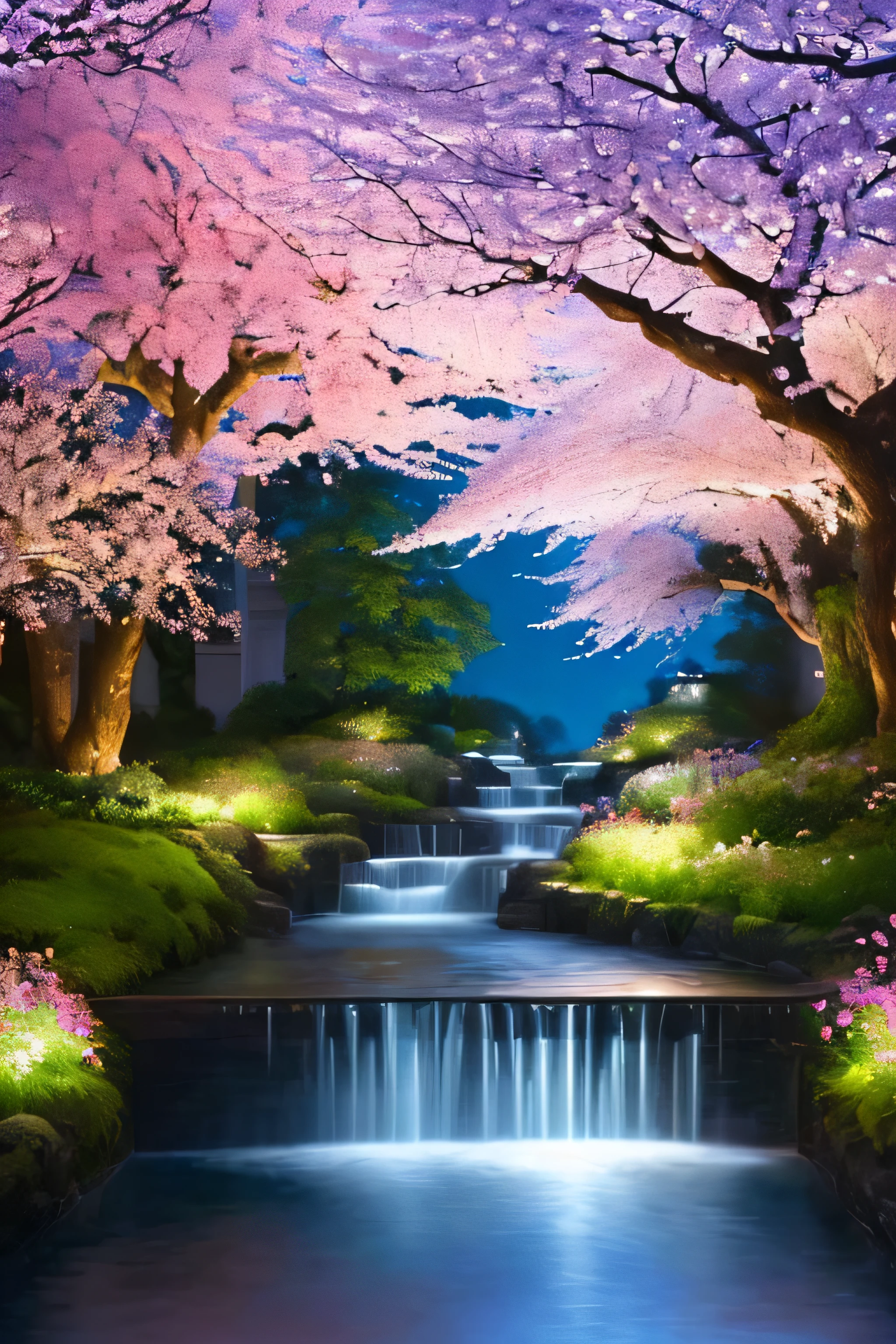 (become familiar with,(realistic:1.3),sharp details:1.3),(masterpiece:1.3),The most beautiful gardens,flowing squeak,birds flying around,cherry blossoms,epic realism,explosion of colors,peaceful,tranquility,(night),ultimate beauty,Emotional,deep darkness,