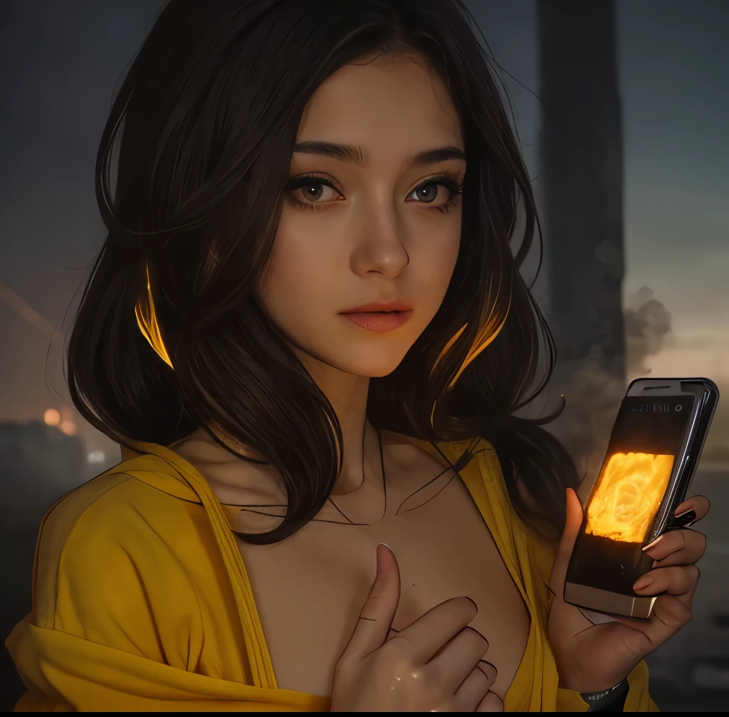 closeup portrait of woman, wearing yellow hoodie, dystopian street background, (smoke), detailed, cinematic composition, intricate details, highly detailed, fire, at night,  from phone