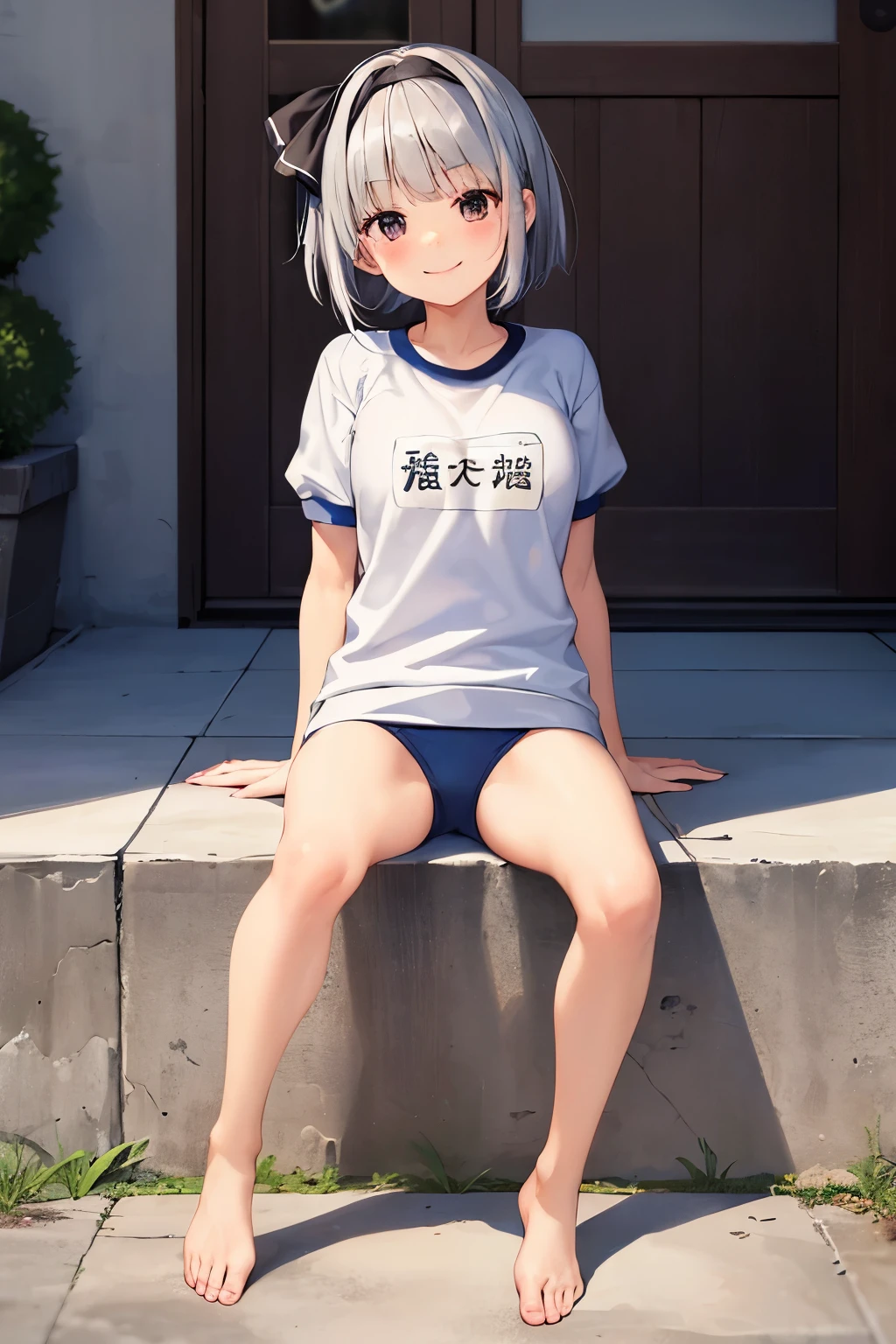 (((((whole body)))))、Youmu, This is a very cute gym uniform 、smile,、Cross-legged、barefoot、