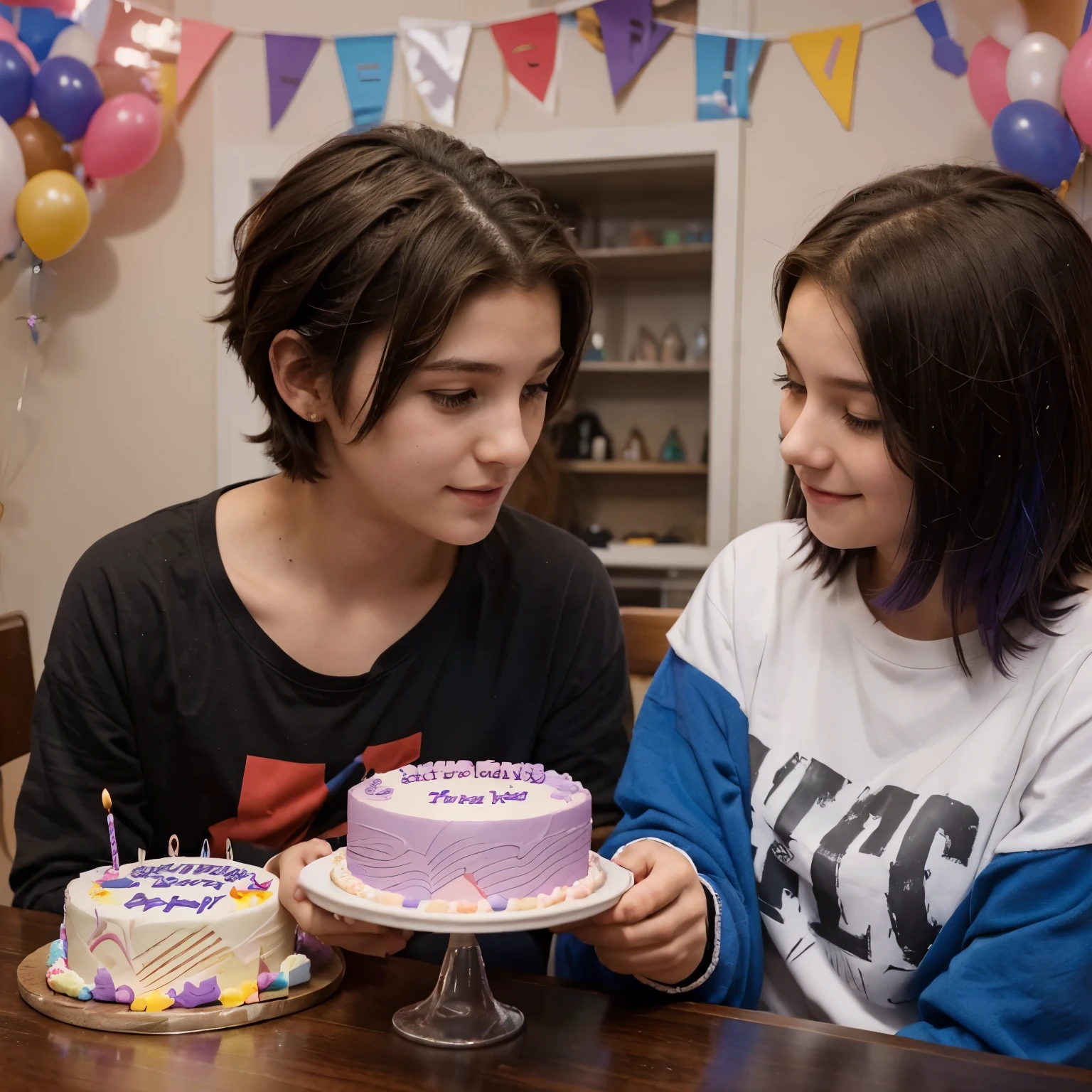give me a reference for a drawing
a girl and a boy sitting at a table with a birthday cake, celebrating the girl’s 16th’s birthday
the girl has short dark hair
the boy has brown hair with a purple/blue part in the front of his hair
they’re happy
