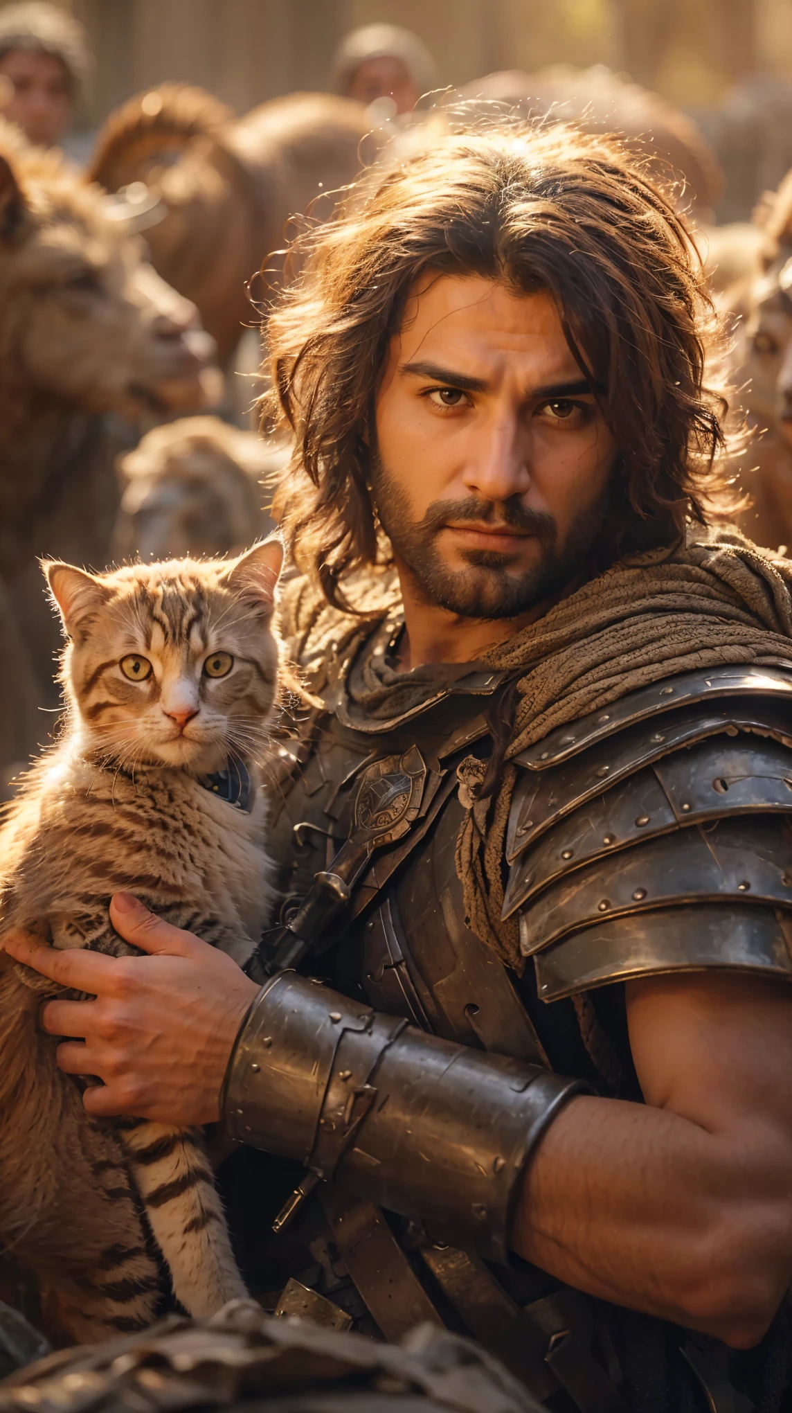 arafed man in armor holding a cat in front of a herd of sheep, as assyrian, kerem beyit, as conan, jesus holding a cute cat, fantasy movie still, handsome prince of persia, still from a fantasy movie, by Kerembeyit, as a warrior, by Magali Villeneuve