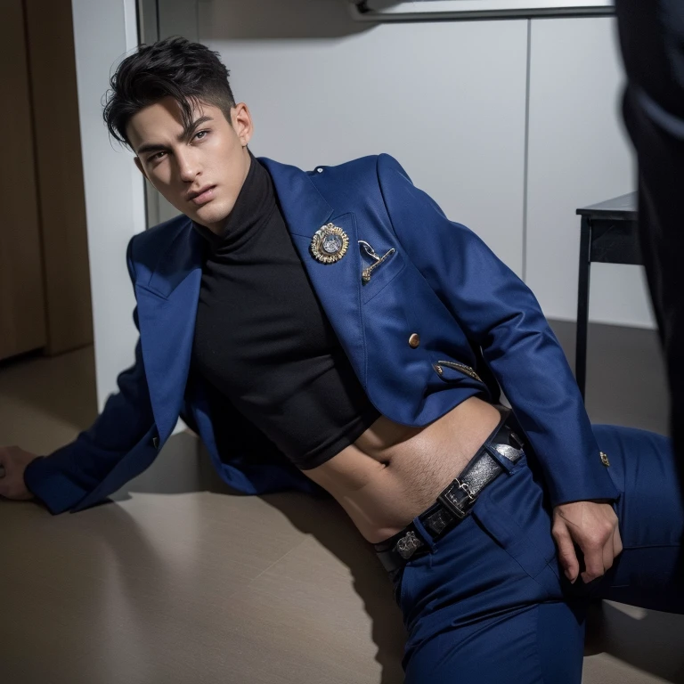 11:23(((Best quality: 1.4))),(Unbeatable masterpiece), （Do not expose waist and abdomen）(hyper HD),(Hyper-realistic 8k CG)、（army suit）（dark colored hair） ((( body))), (((1 male))), 25-year-old American soldier with perfect body,,Handsome face,muscular body:1.2,Solid royal blue jacket with details, (Pictures from head to thighs)， Complex equipment, royal blue，long trousers，The clothes inside are dark，Clothes with armored metal electronic parts, Poison tattoos ) ,  16k resolution , ultra-high clarity , hyperrealism, uhd , nsfw , sexy , eroticism , pervert , man tearing his suit , tearing apart
