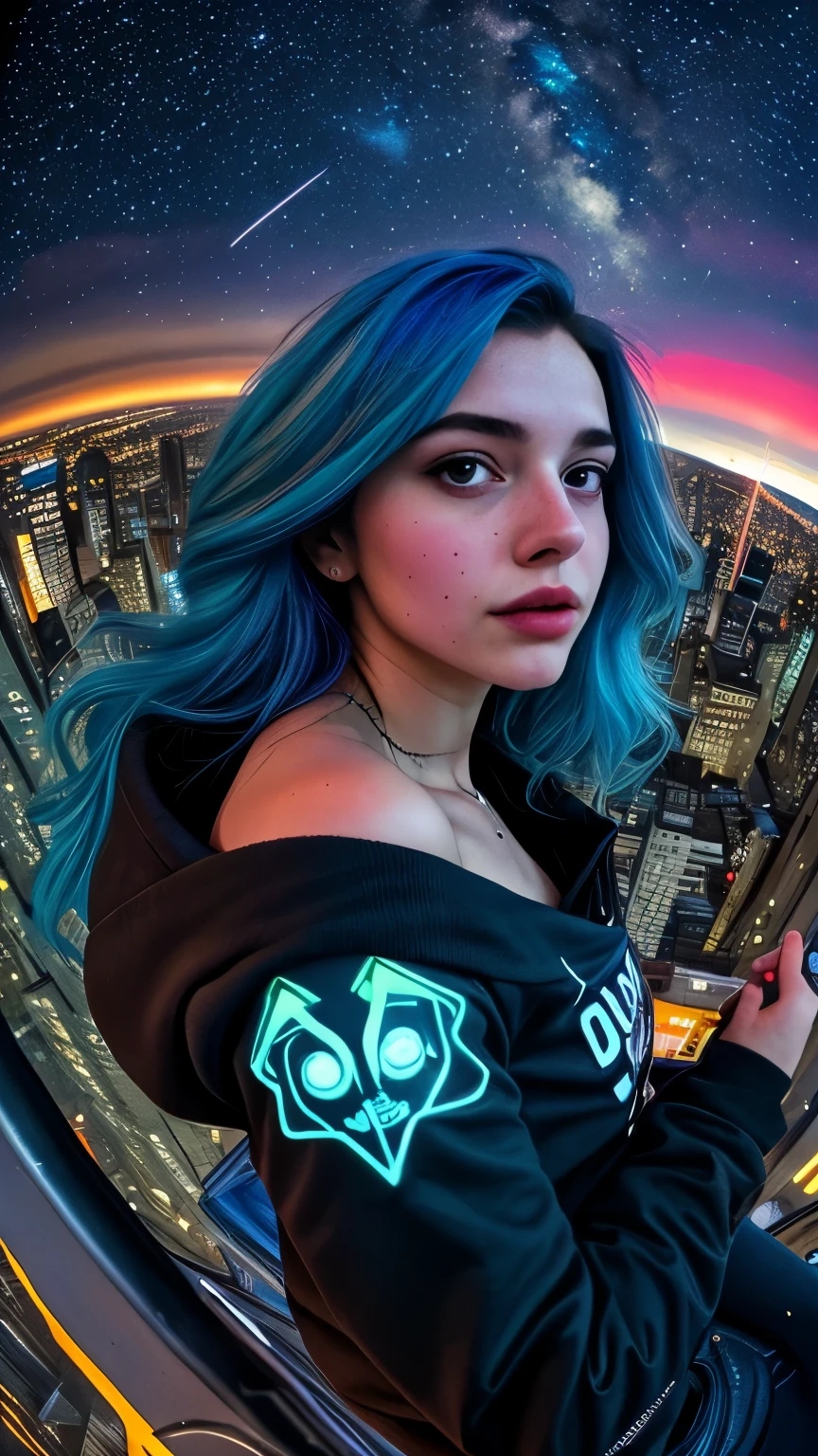 (masterpiece), best quality, ultra high res,, cyberpunk 1girl flying above stunning cityscape ,hoodie,blue hair,  neon color shooting stars, very long hair, off shoulder, feather hair ornament, neon colors, flashes, stunning night sky, cinematic lighting, photorealistic, realistic skin, HDR,fisheye