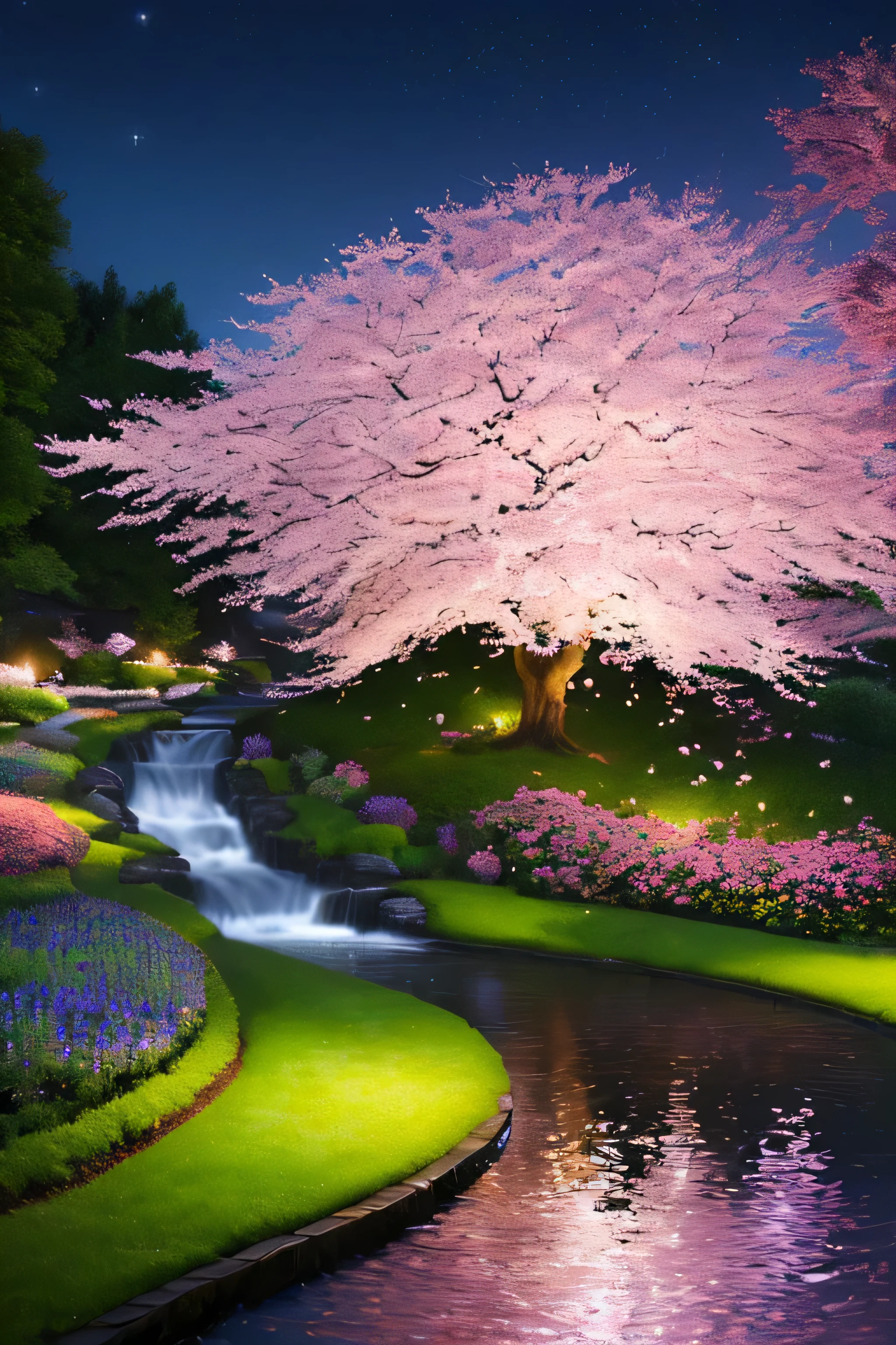 (become familiar with,(realistic:1.3),sharp details:1.3),(masterpiece:1.3),The most beautiful gardens,flowing squeak,birds flying around,cherry blossoms,epic realism,explosion of colors,peaceful,tranquility,(night),ultimate beauty,Emotional,deep darkness,