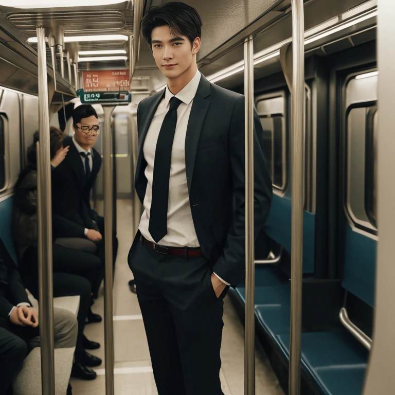  man in the subway，Standing in a subway car，Ultra-flat head，Wearing a suit，huge bulge,  leg apart，musculous，Handsome， pervert smirk，exhilarated，full bodyesbian，Exposing thighs，  In crowded subway cars， 16k resolution , ultra-high clarity , hyperrealism , ultra hd picture , uhd , details face , details , handsome man , high quality 