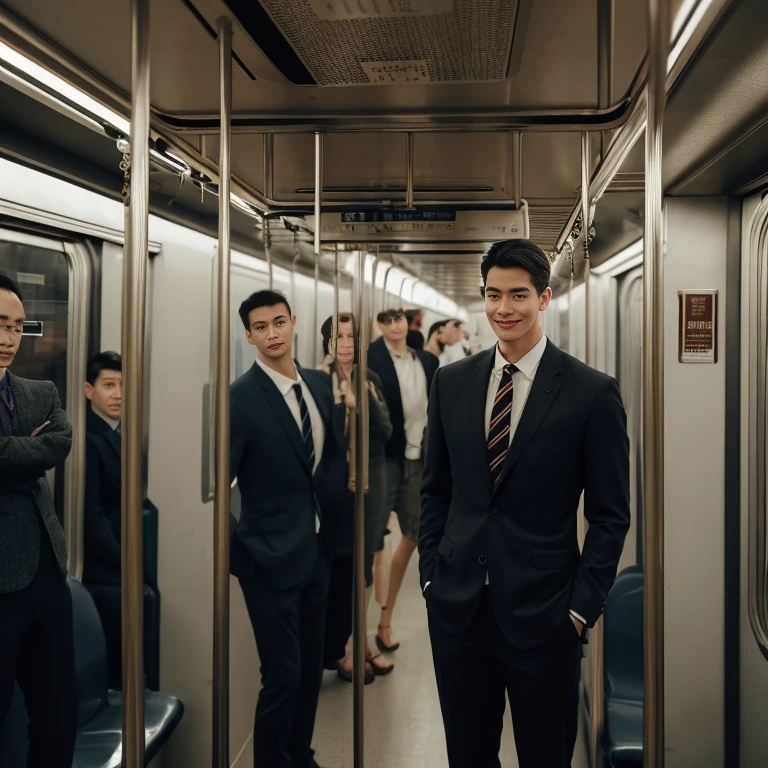 man in the subway,Standing in a subway car,Ultra-flat head,Wearing a suit,huge bulge, leg apart,musculous,Handsome, pervert smirk,exhilarated,full bodyesbian,Exposing thighs, In crowded subway cars, 16k resolution , ultra-high clarity , hyperrealism , ultra hd picture , uhd , details face , details , handsome man , high quality