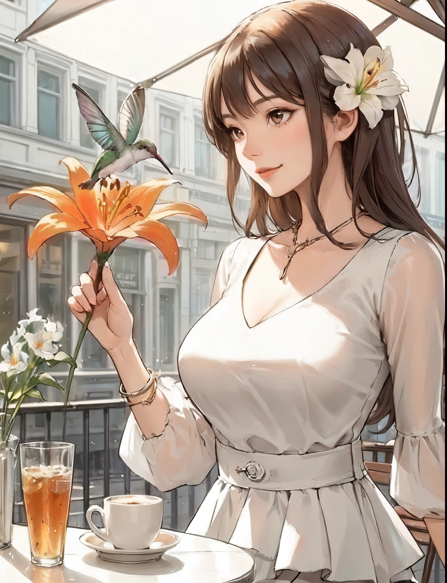 1lady solo, sitting at terrace seat, (gazing at hummingbird:1.2), (peplum) stylish outfit, mature female, /(dark brown hair/) bangs, kind smile, (masterpiece best quality:1.2) (delicate illustration:1.1) ultra-detailed, large breasts BREAK ((hummingbird flying:1.2) nearby flower), (realistic hummingbird:1.1) BREAK (holding orange lily flower) BREAK (fashionable cafe terrace) outdoors, main street, noon, detailed background