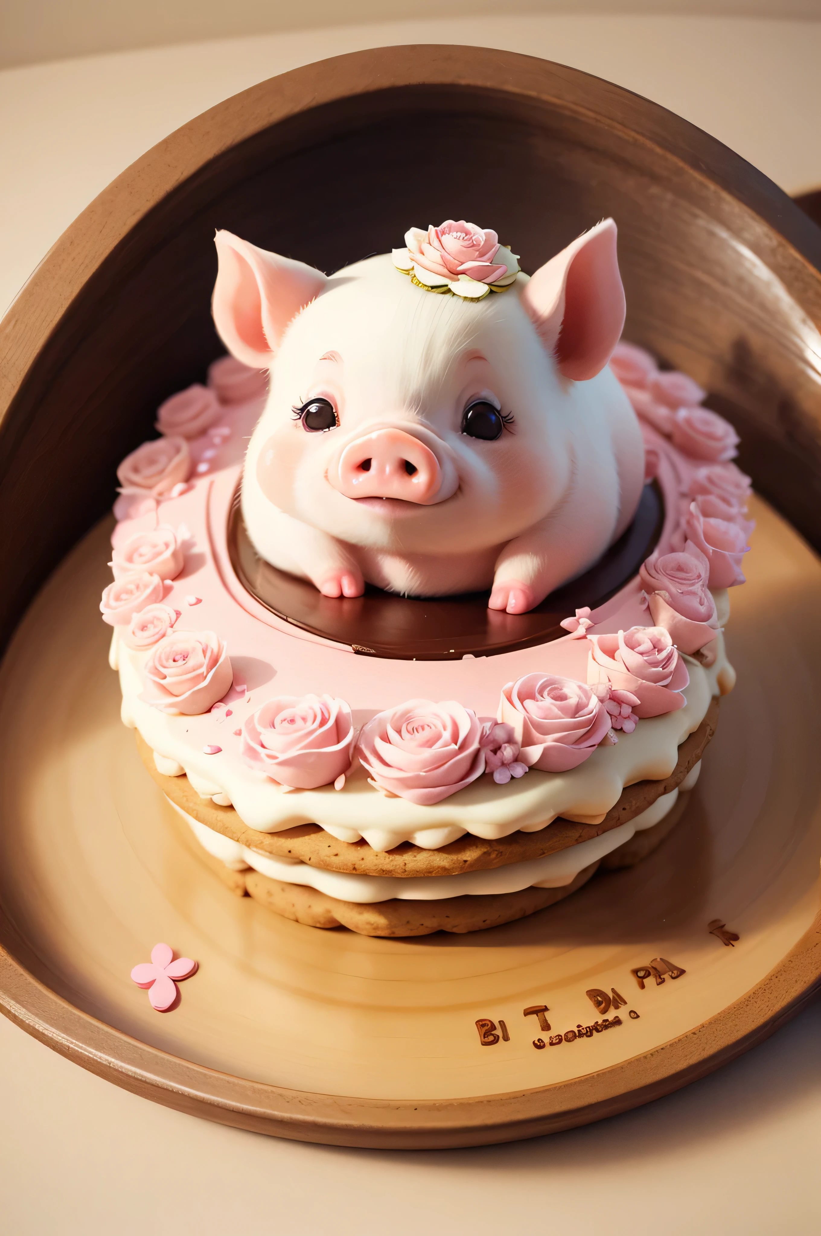 cute pig, Illustration, No background, anime, eating,on cookie cake, in flower frame