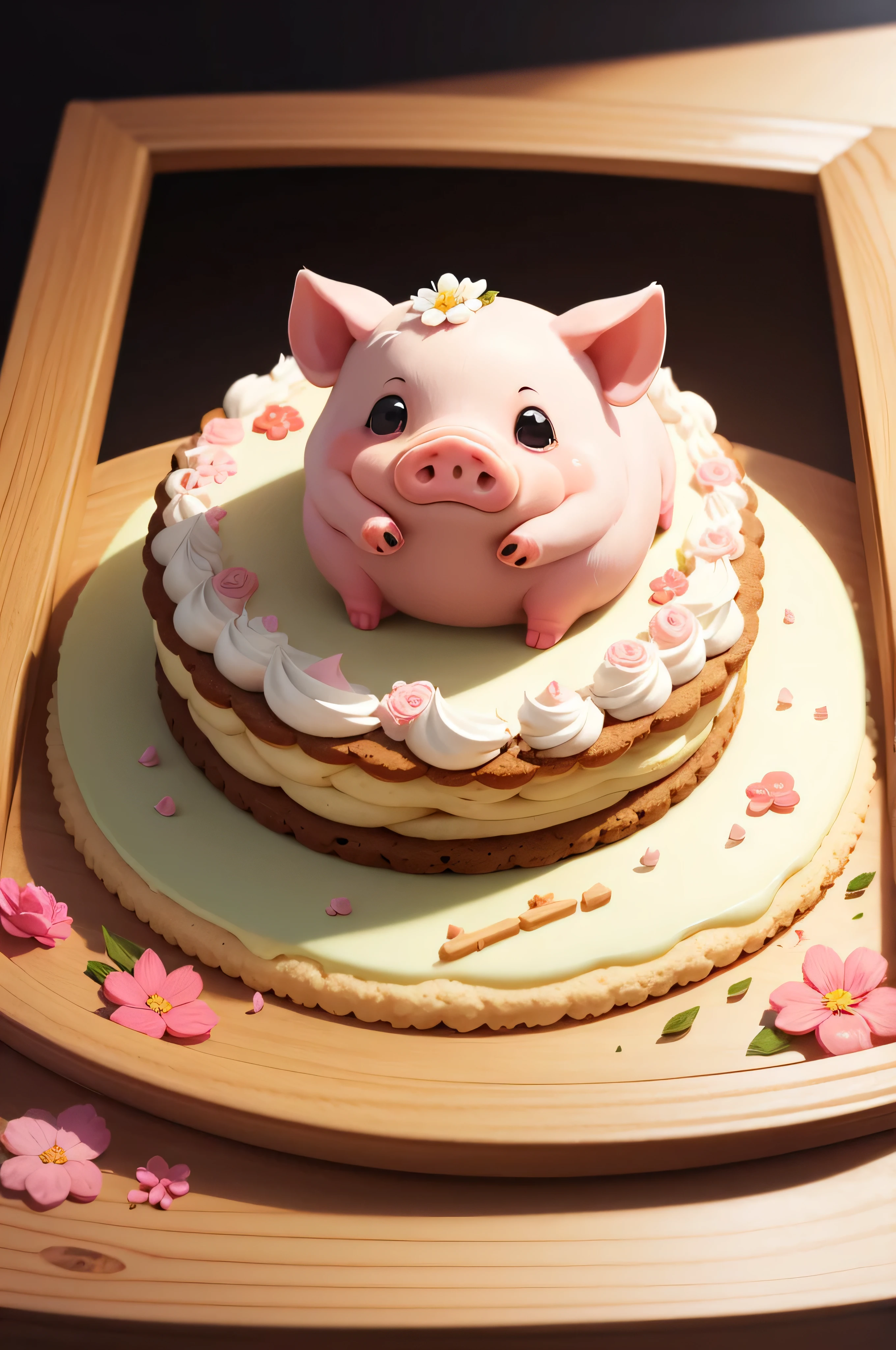 cute pig, Illustration, No background, anime, eating,on cookie cake, in flower frame