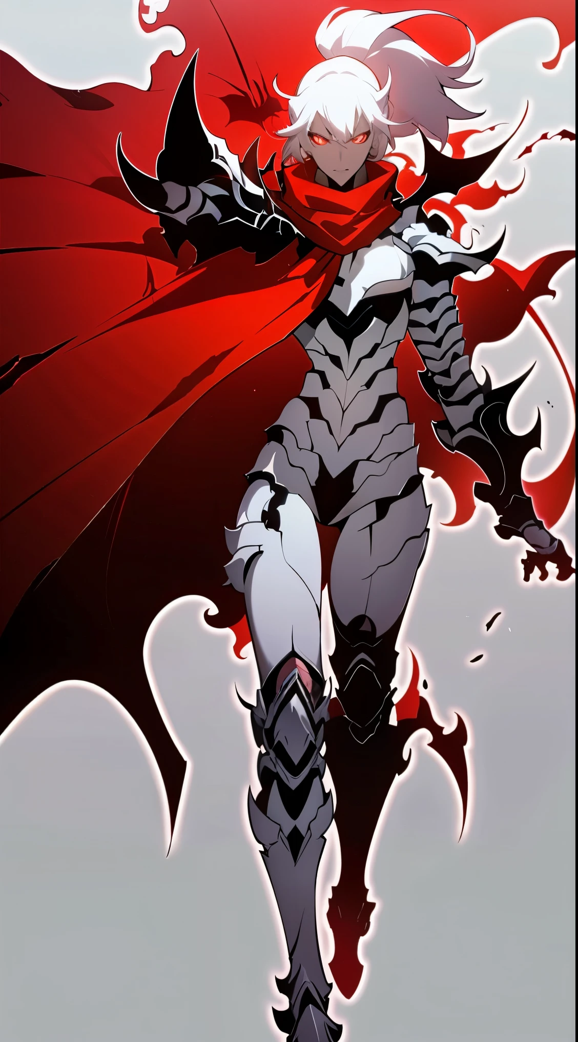 darkskin woman in fantasy clothes, white short hair in a ponytail, red eyes, Torn red scarf, white and black Armor, skull-shaped shoulder pad, skull Knee Pads, aura (red), angry, rage mode, full body view, perfect Anatomy, intricate pencil sketch, expressive eyes and nose and mouth, un-zoom, highly detailed, white background