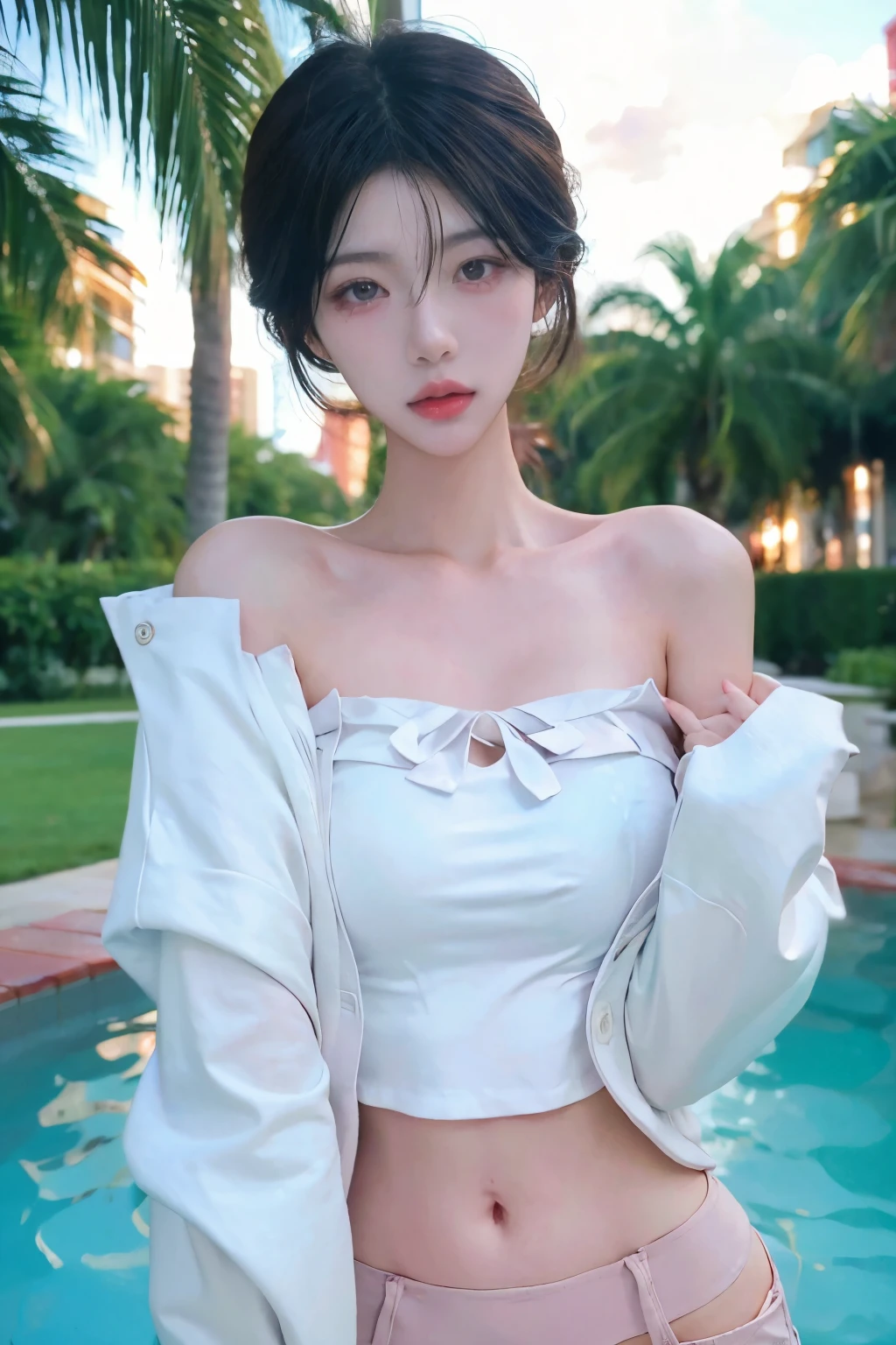 Beautiful woman with perfect body：1.4，layered long hair，prominent cleavage：1.5，ultra short pleated skirt，whole body，Highly detailed facial and skin textures，double eyelids