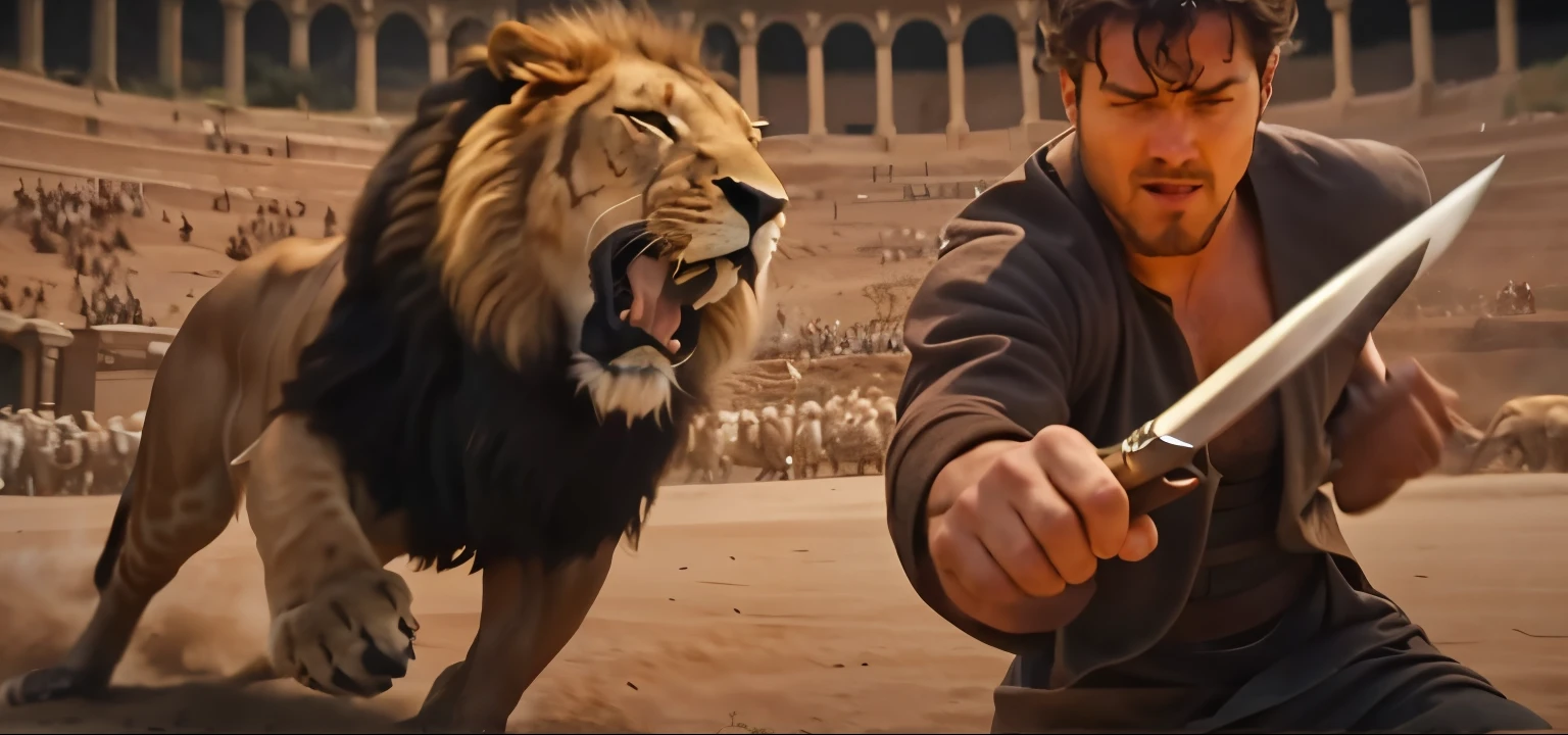 blurred image of a man holding a knife in front of a lion, scene from live-action movie, still from a live-action movie, live-action movie, Filme de 2022, live-action movie, biblical epic film, epic fight scene, live action adaptation, epic action scene, epic vfx shooting, vfx action shooting, movie action scene