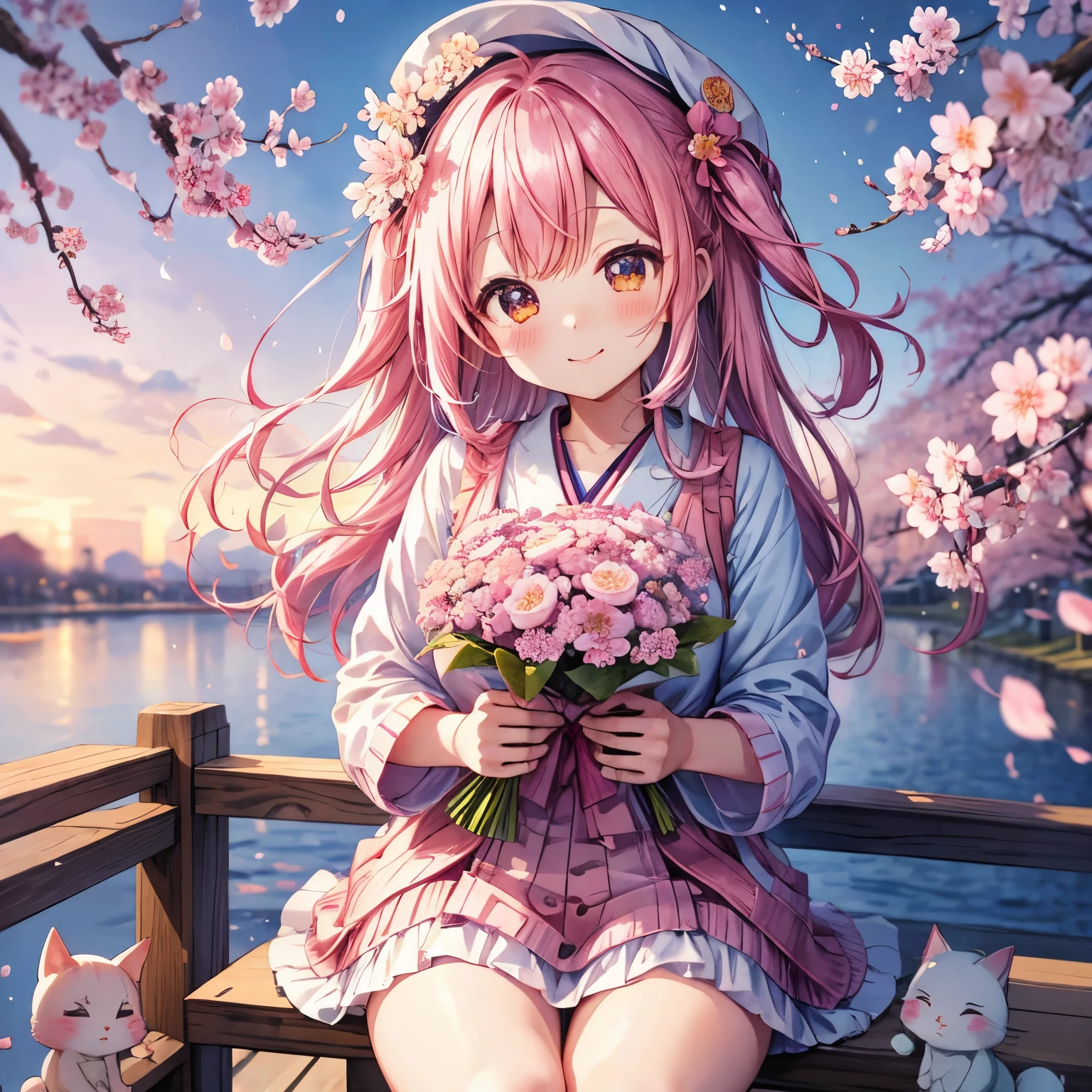 high quality、cherry blossoms、Bokeh、Just、evening、cute kemomimi girl、bouquet　