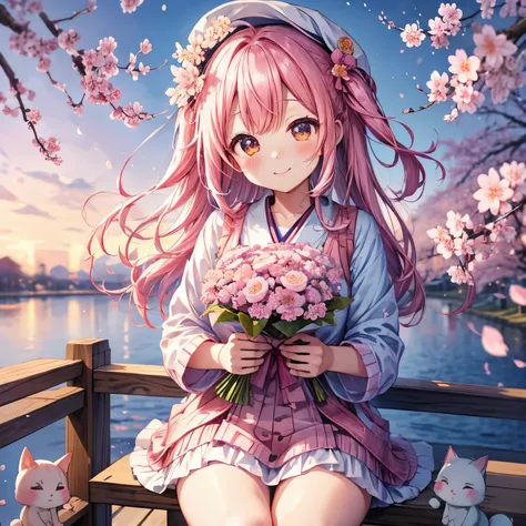 high quality、cherry blossoms、bokeh、just、evening、cute kemomimi girl、bouquet