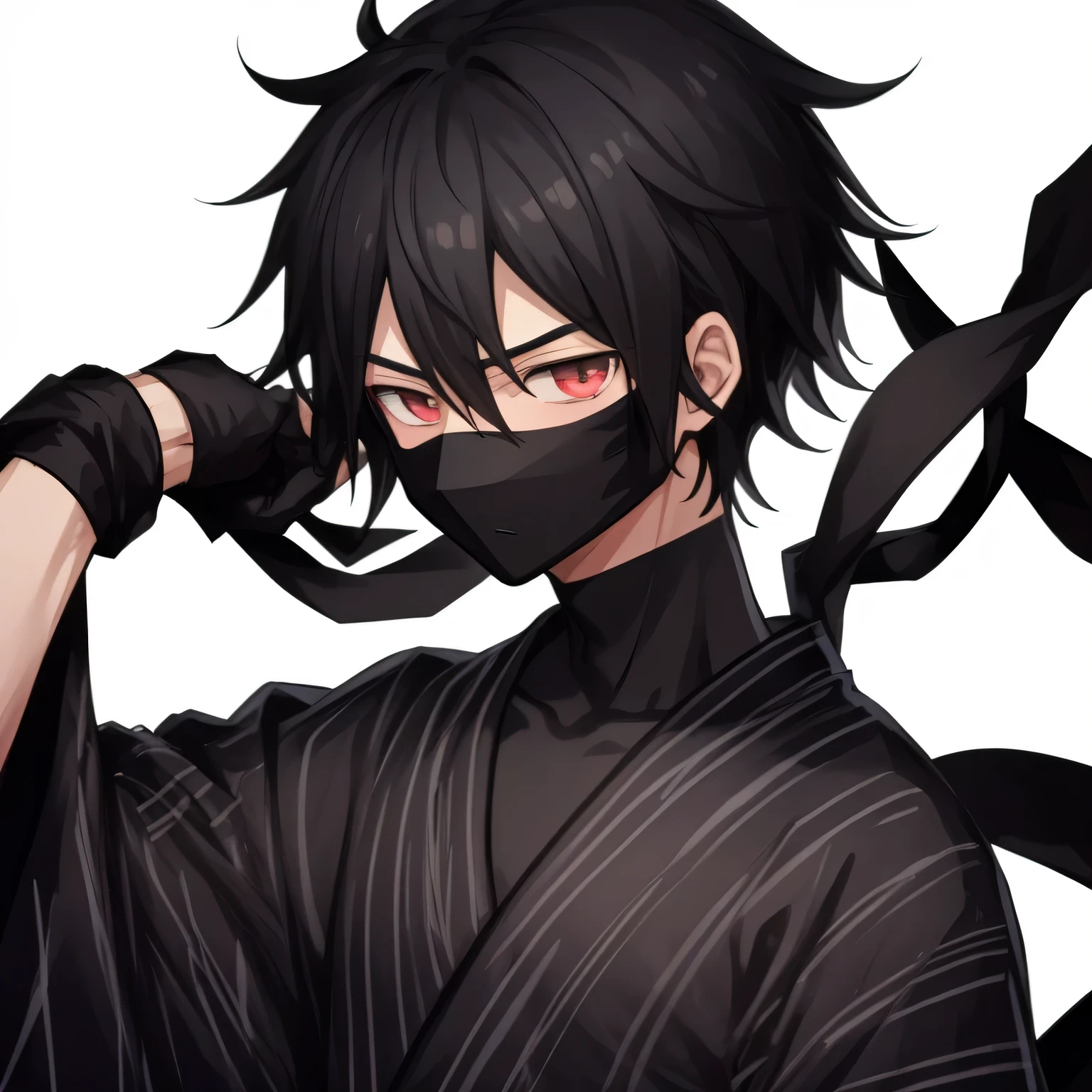 Young man, black hair, yeux noir, mask between nose and chin, Katana at the waist