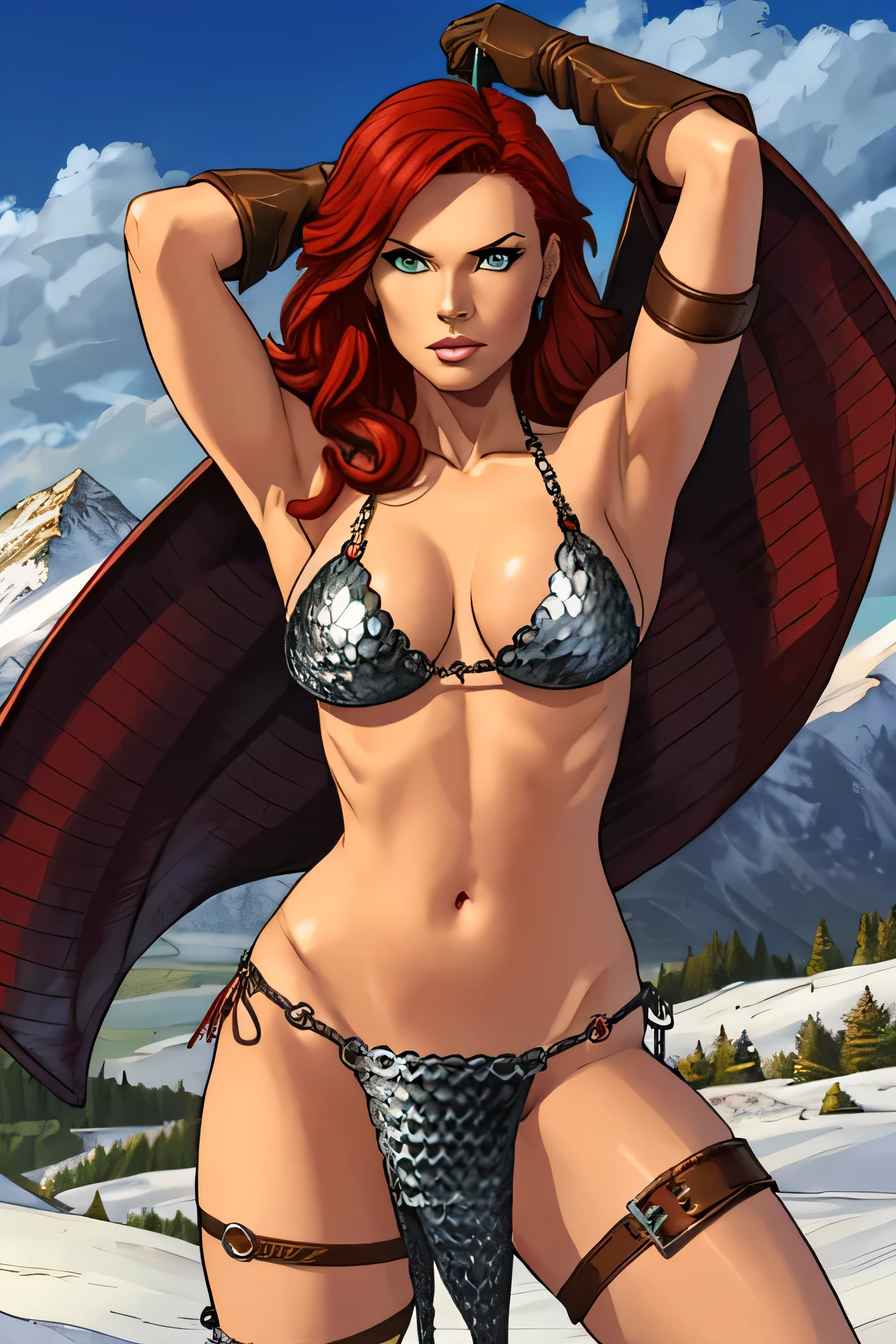 red hair, long red hair, thigh strap, armor, chainmail, armored bikini, brown gloves, red sonja, green eyes, showing armpits, raised arms, arms up, arms behind head, posing, solo, masterpiece, armpits, chainmail bikini, groin, snowy background, freezing atmosphere, silver armbands, perfect proportions