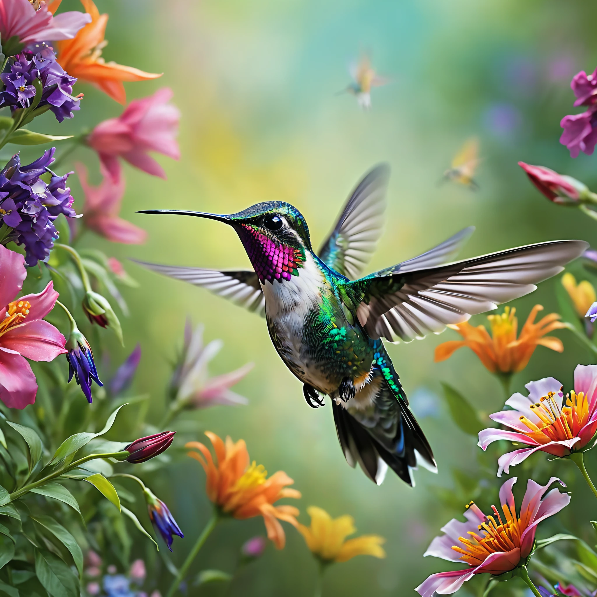 Create an image capturing the vibrant energy and grace of a hummingbird in flight, surrounded by a garden filled with colorful flowers in full bloom. The scene should convey the delicate movements of the hummingbird as it hovers near a nectar-filled blossom, with intricate details highlighting its iridescent feathers and swift, agile motions. Let the image exude a sense of wonder and enchantment inspired by the beauty of these tiny, mesmerizing creatures