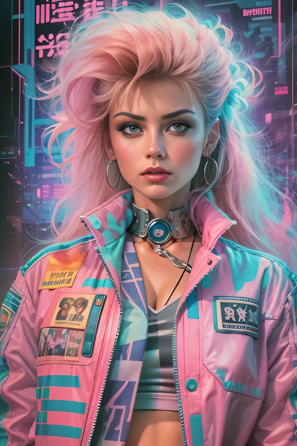 1980s, 1girl, siouxsie, kim bassinger, cyberpunk, pastels, sfw, dynamic, 80s barbie clothes, 80s movie poster art style
