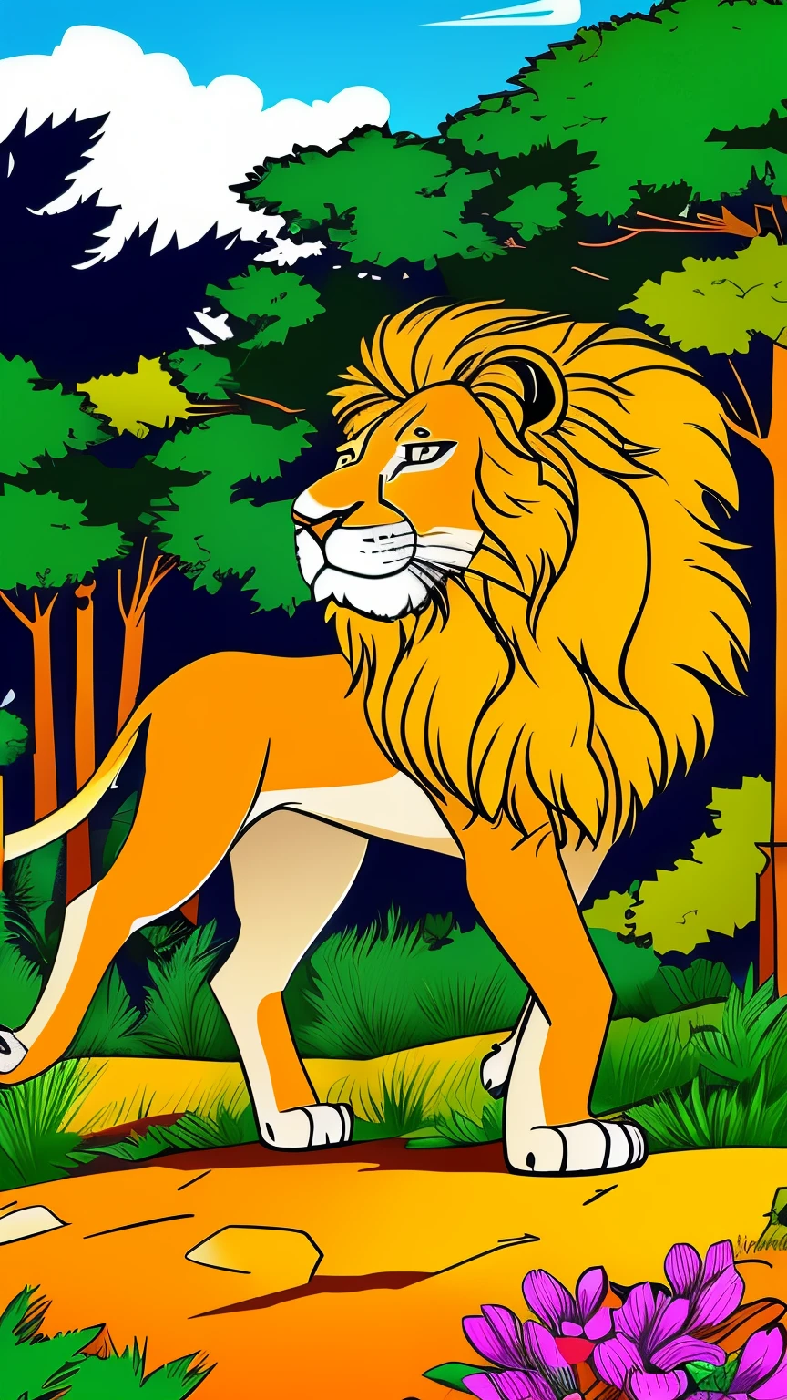 lion in the forest, cartoon style, bright colors, thick lines