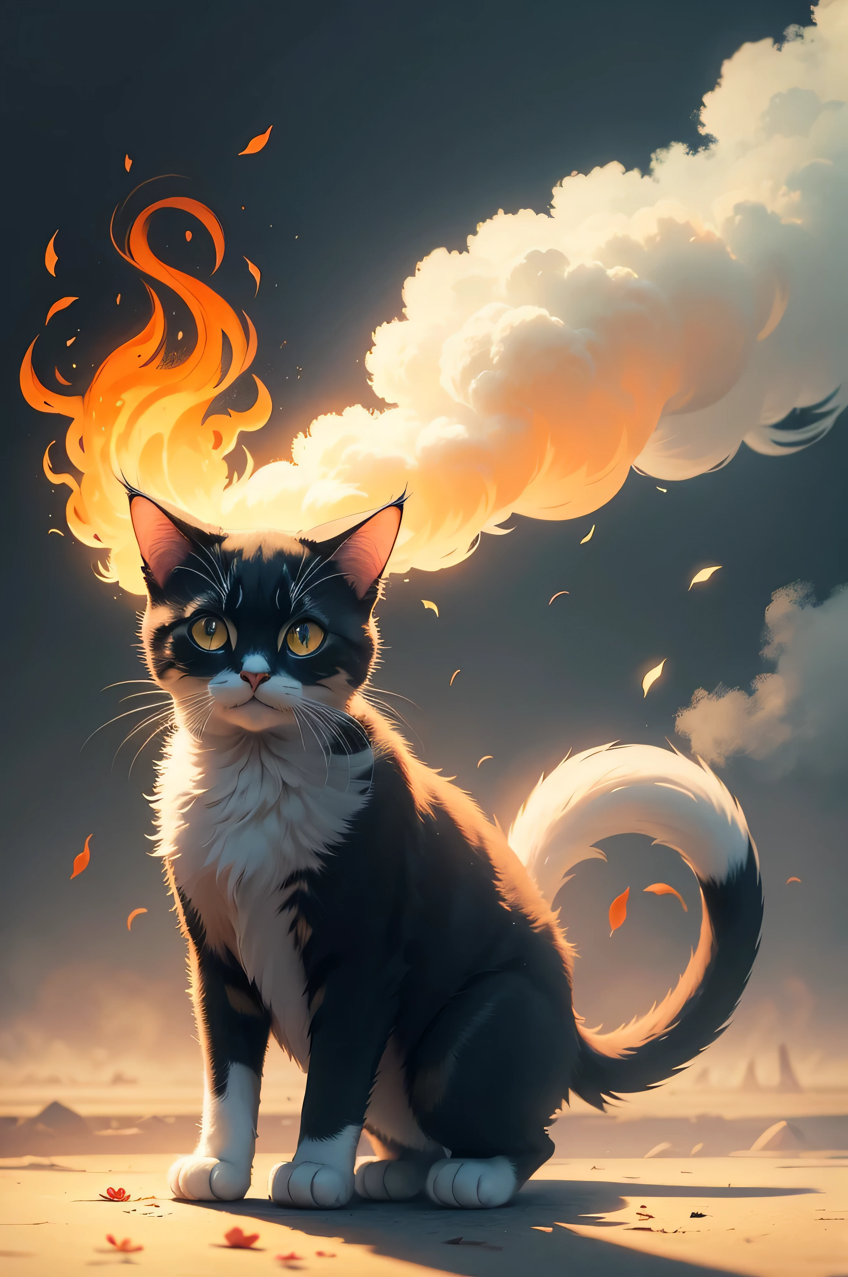 cute cat, Illustration, No background, anime,walking in smoke aura, flower flame